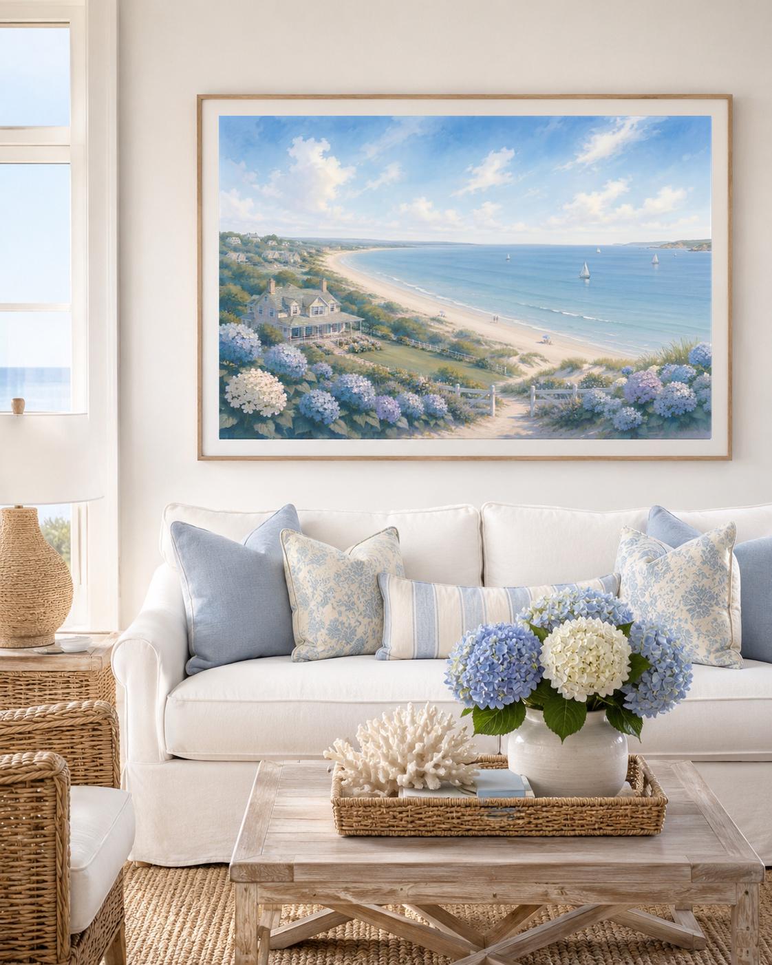 Coastal Hydrangea Beach Printable Wall Art, Sailboat Seaside Cottage Summer Home Decor Digital Download — image 3