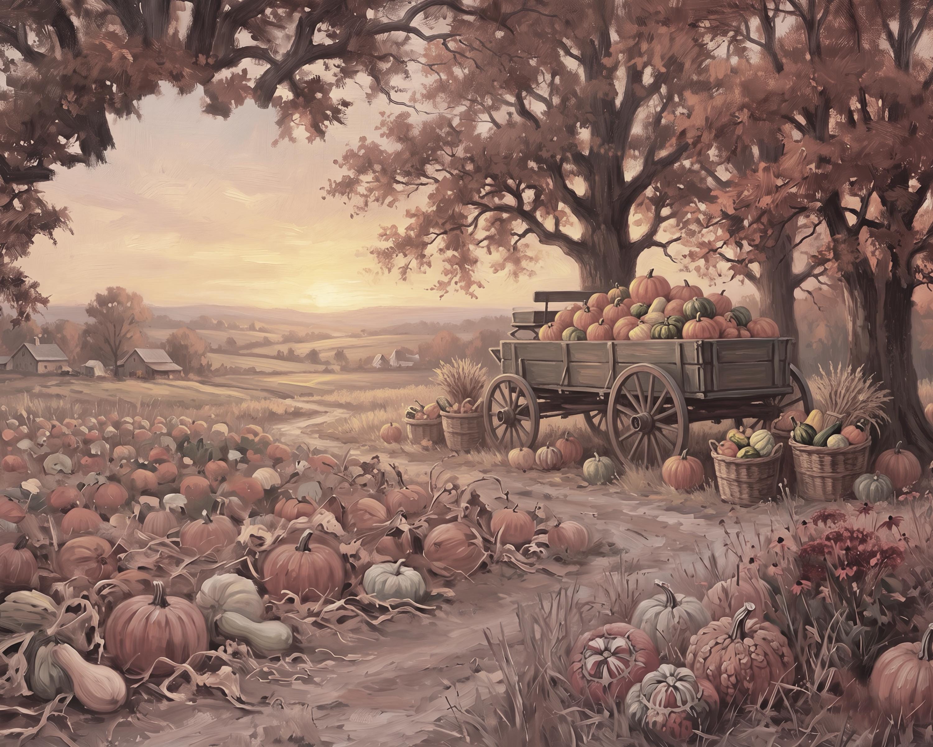 Pumpkin Patch Wall Art | Fall Farm Landscape Print | Rustic Printable Digital Download — image 3