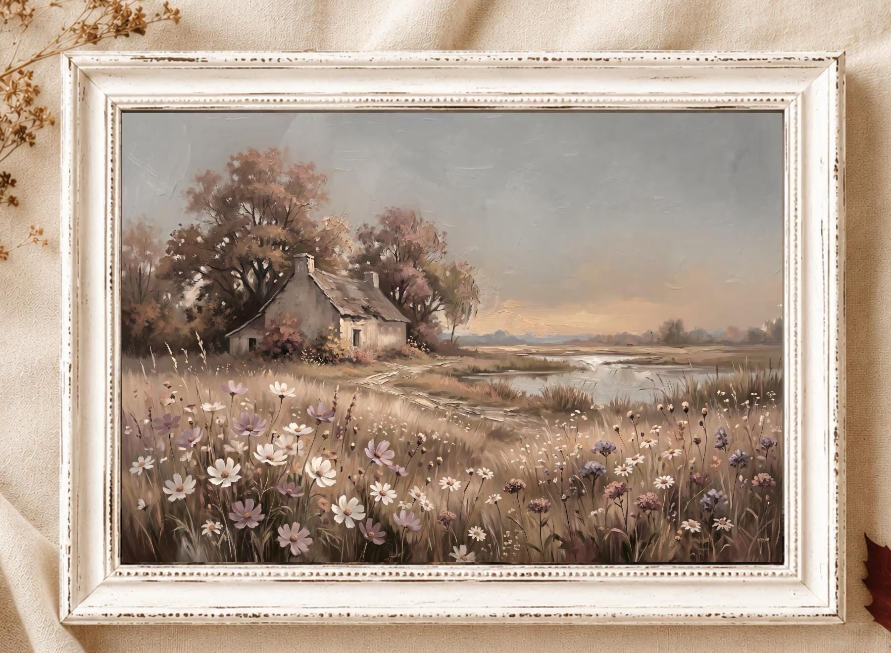 Autumn Cottage Landscape Printable Wall Art, Neutral Wildflower Meadow Rustic Home Decor Digital Download — image 2