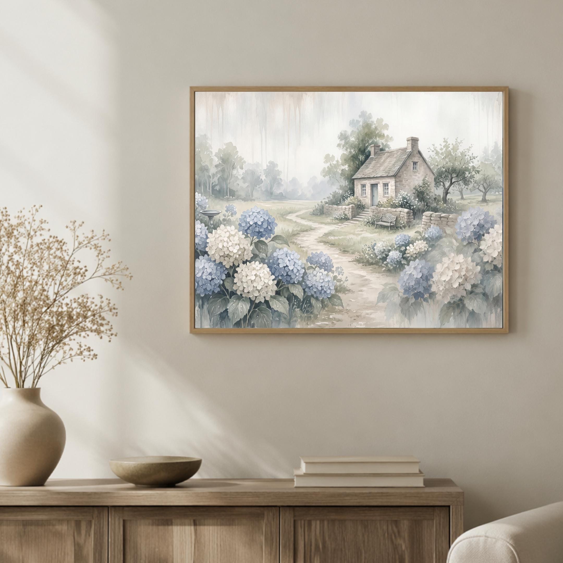 Hydrangea Cottage Garden Art Print, Misty Blue floral Landscape (Digital Download) — image 5