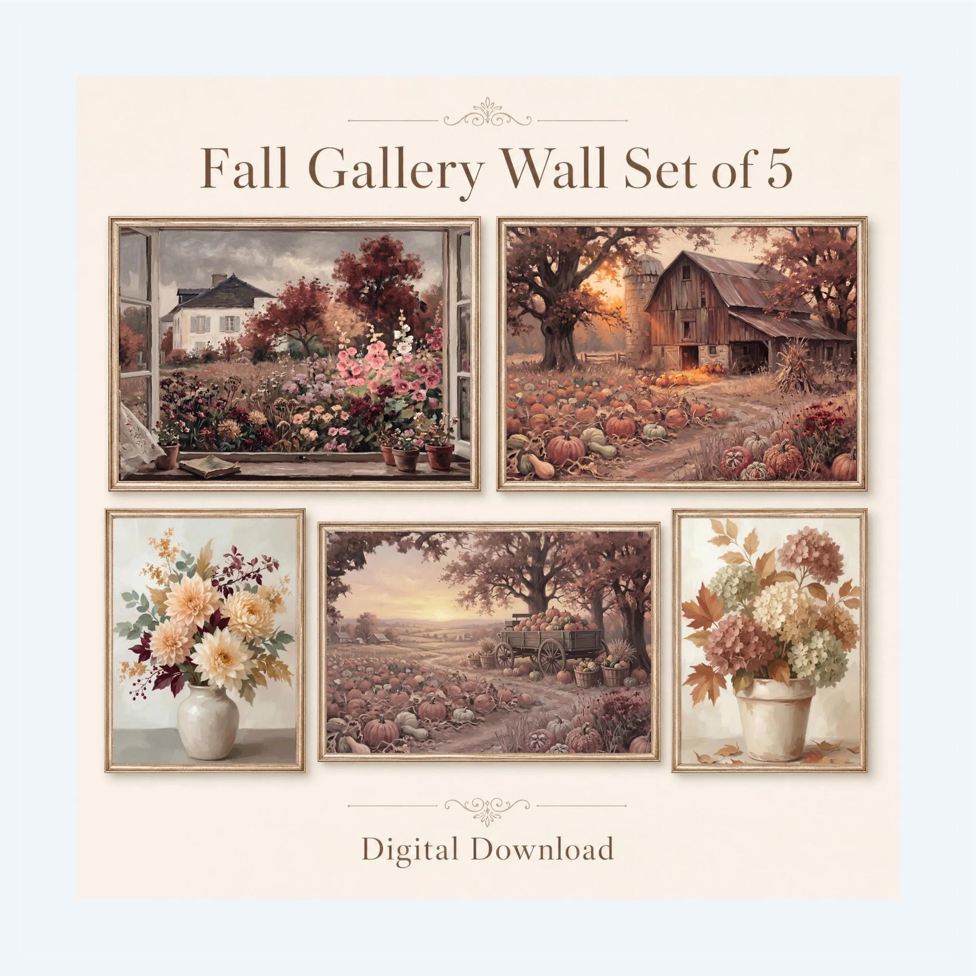Rustic Fall Gallery Wall Art Set Printable, 5 Autumn Farmhouse Decor Prints Digital Download