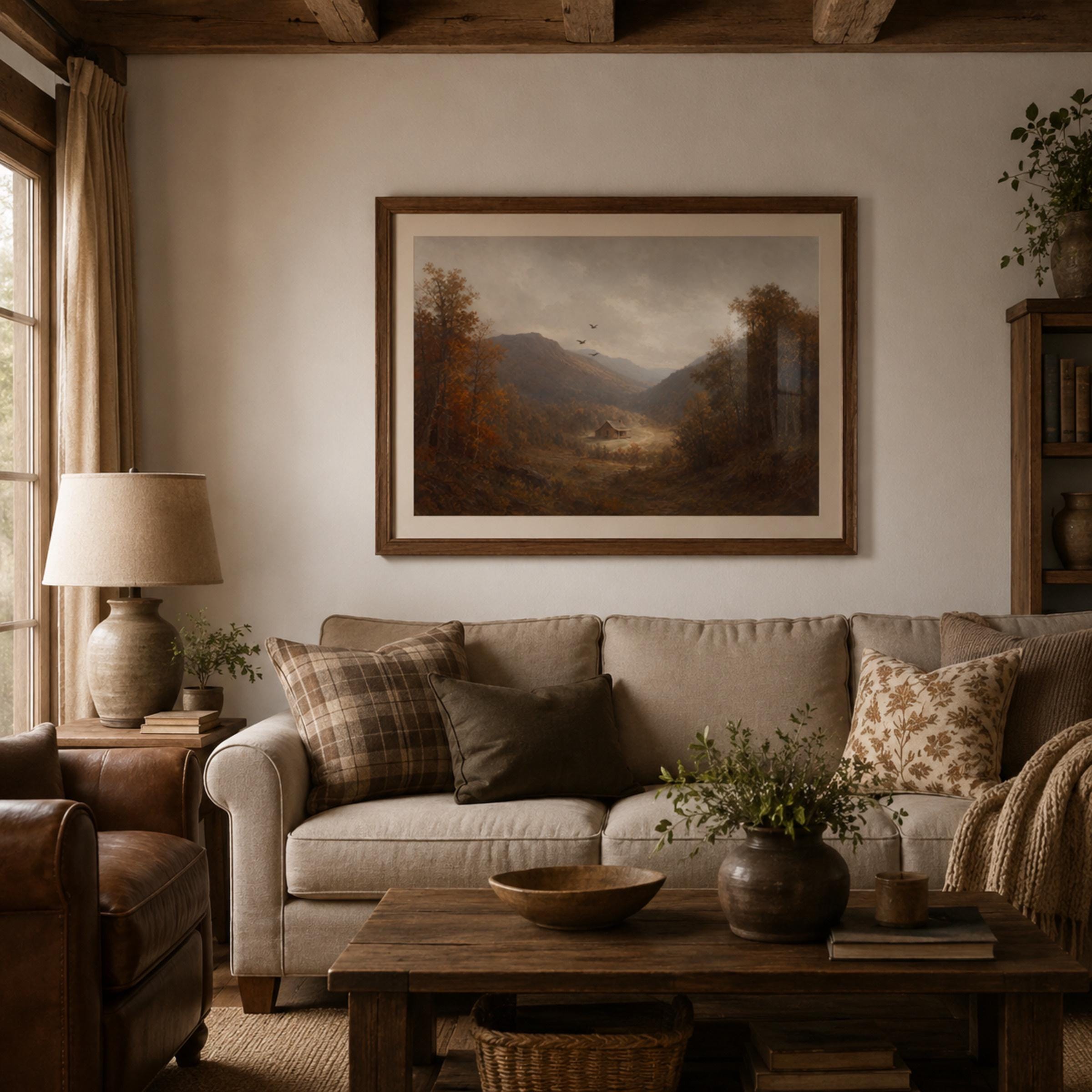 Moody Fall Mountain Cabin Printable Wall Art, Vintage Autumn Landscape Digital Download — image 4