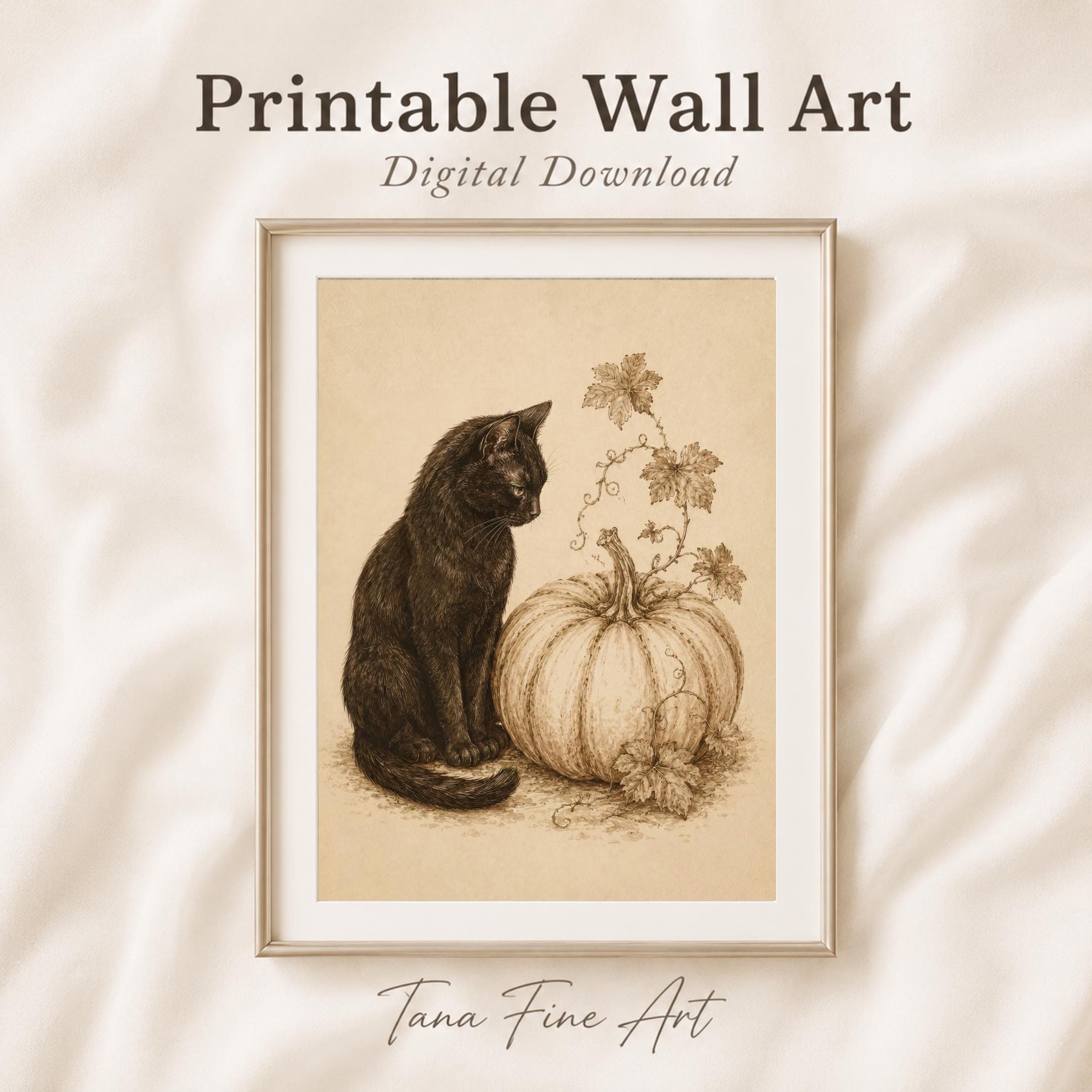 Halloween Black Cat, White Pumpkin Art, Vintage Fall Botanical, Rustic October Halloween Digital Download — image 9