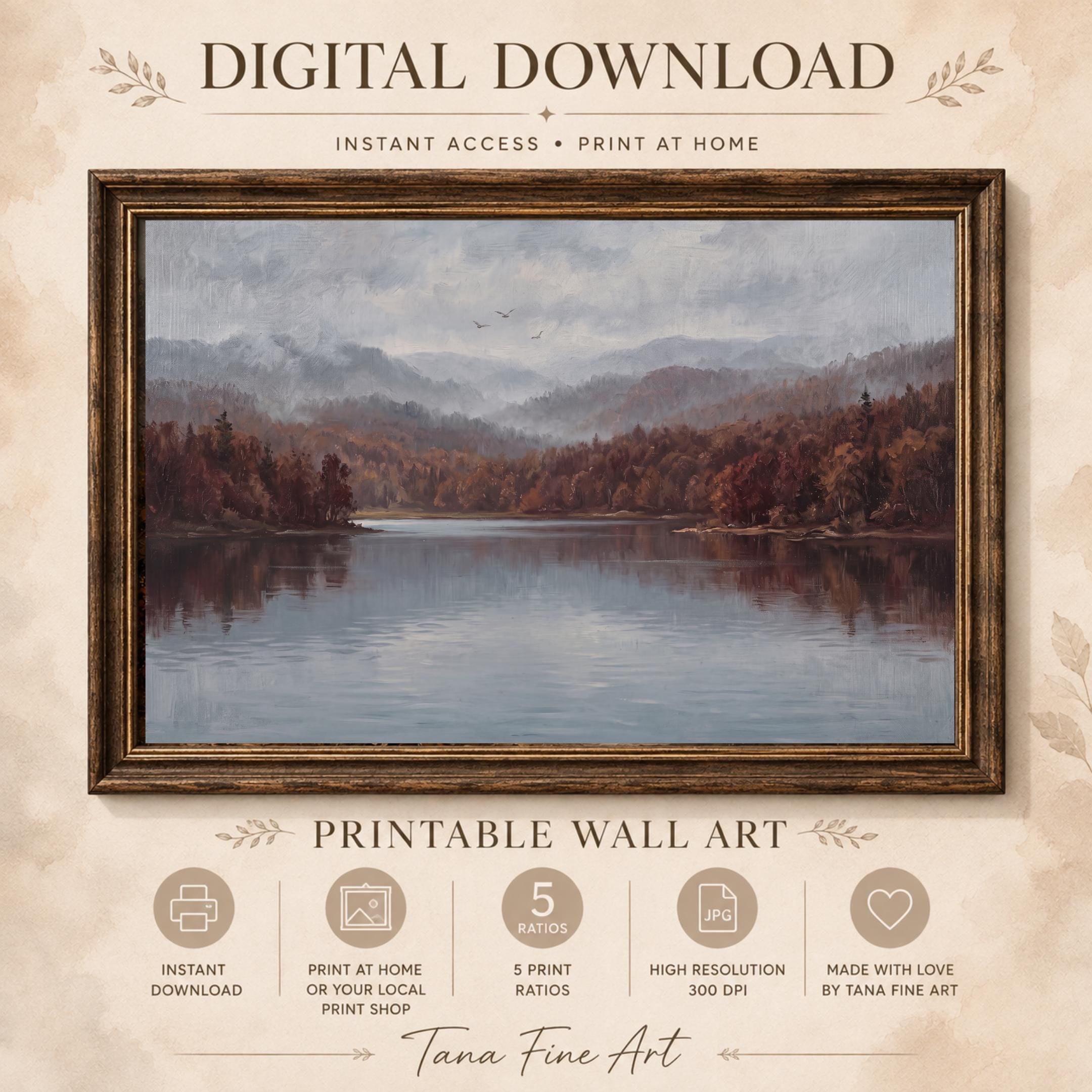 Autumn Lake Wall Art | Moody Fall Landscape Print | Vintage Nature Printable Digital Download