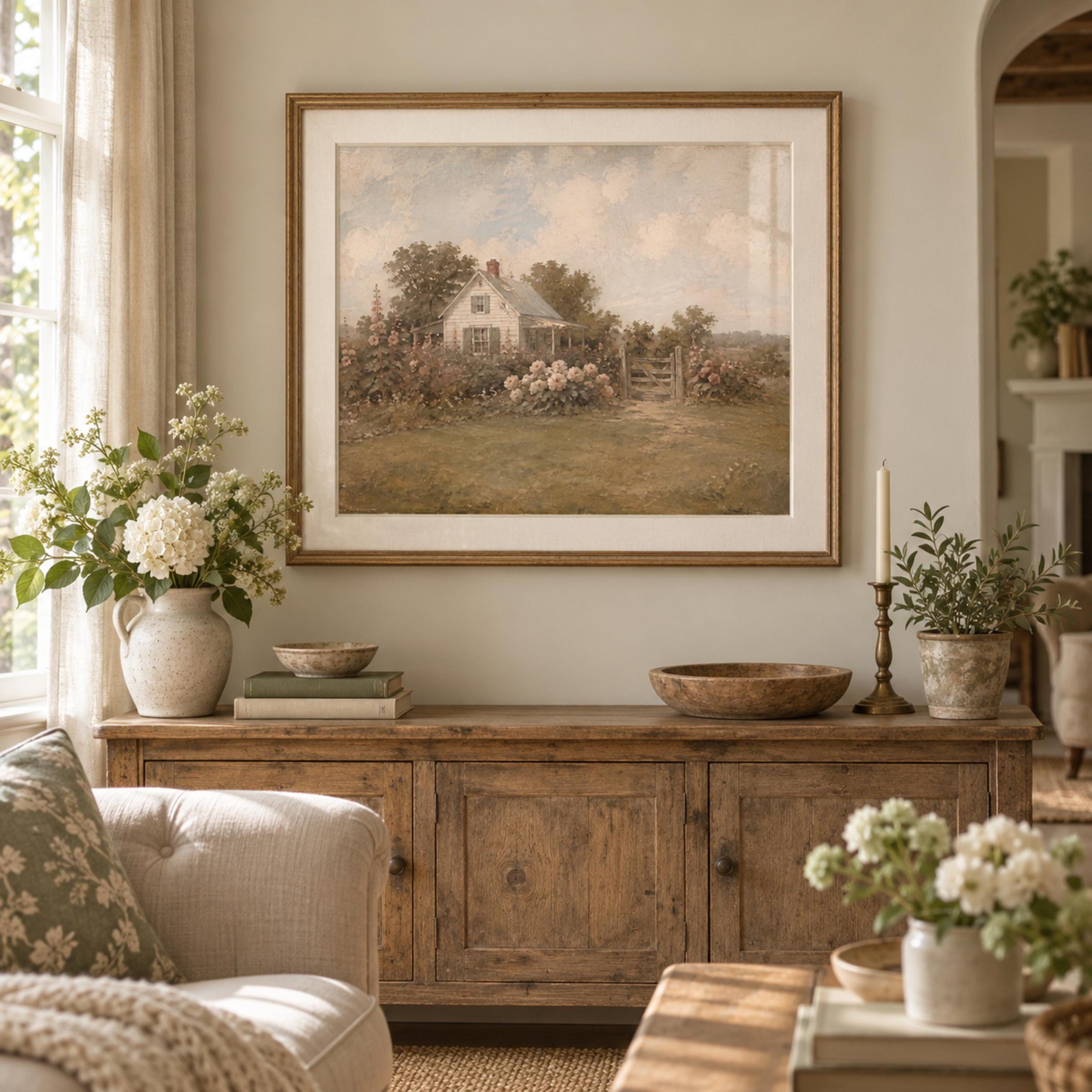 Vintage American Cottage Garden Printable Wall Art, Rustic Farmhouse Floral Landscape, Digital Download — image 2