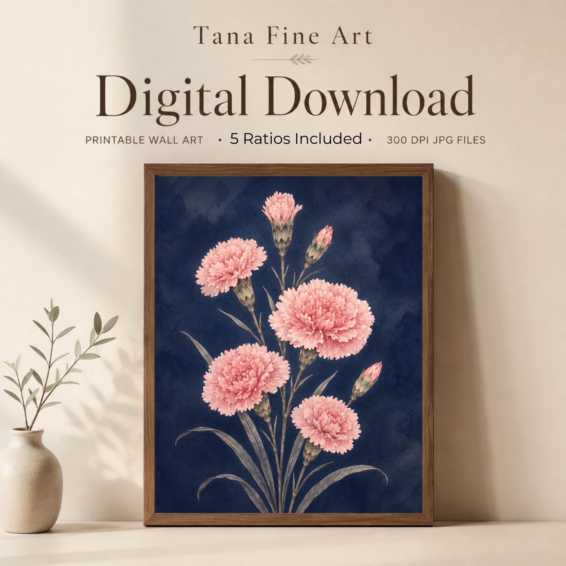 Moody January Birth Flower Print | Carnation Wall Art | Dark Botanical Digital Download