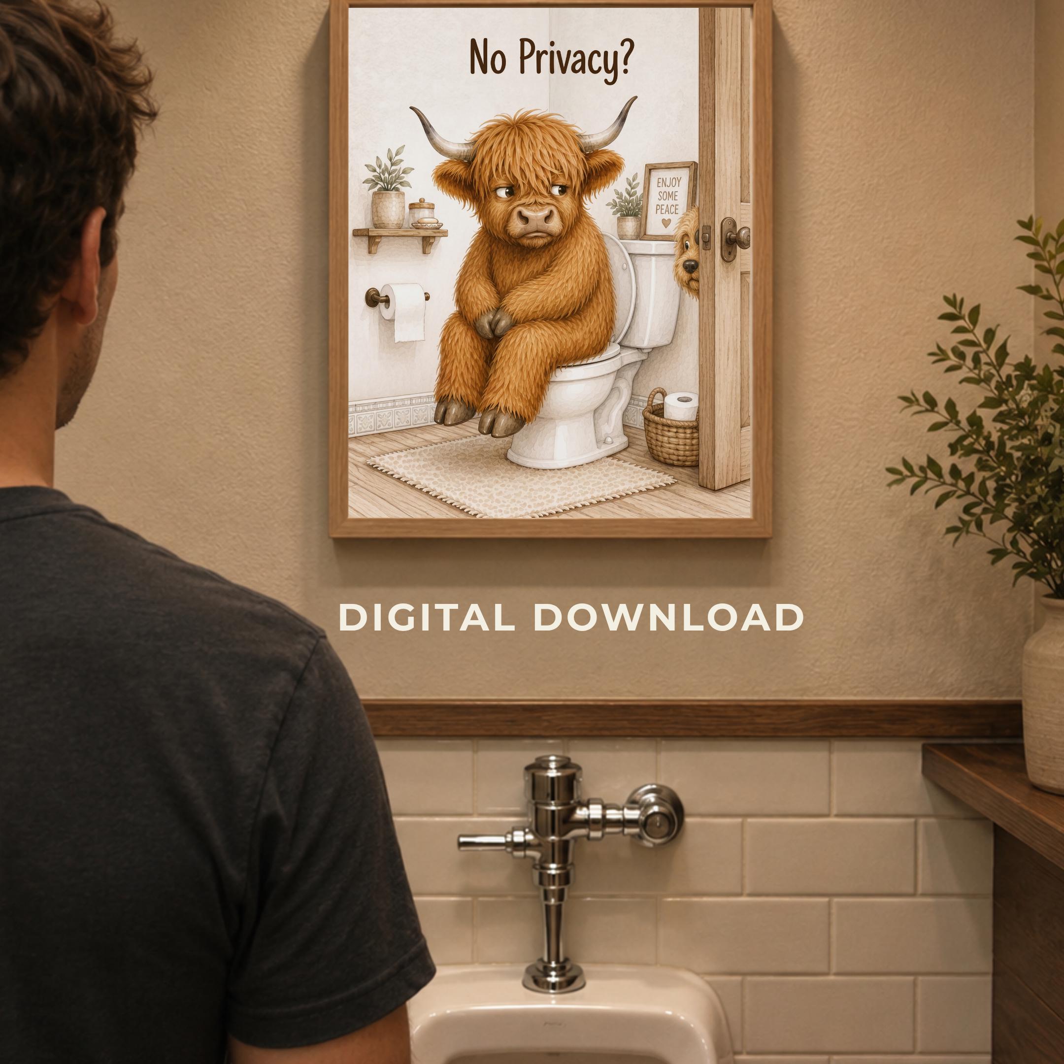 Highland Cow Boy Bathroom Prints Set of 4, Rustic Farmhouse Toilet Decor Digital Download — image 5