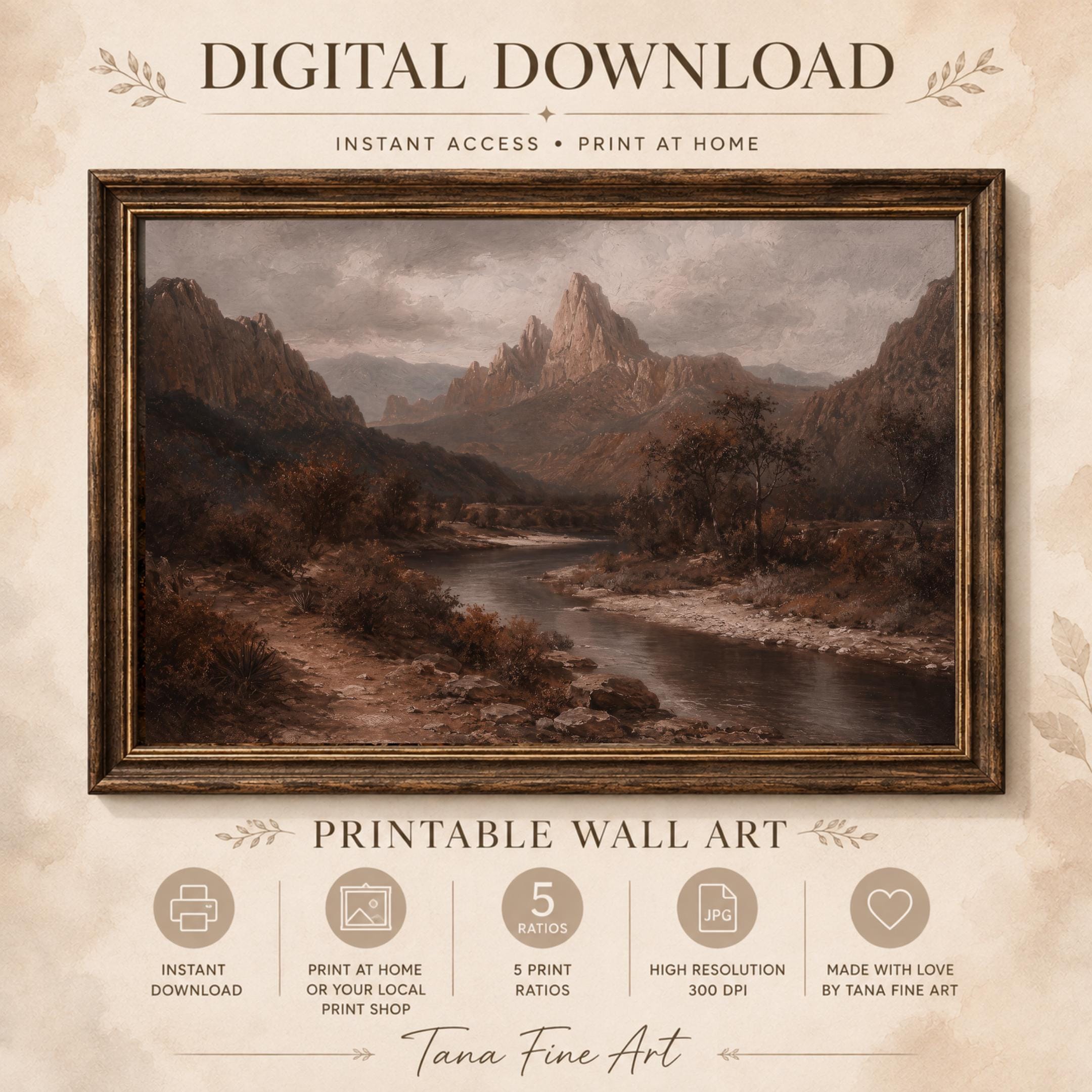 Mountain River Wall Art | Moody Fall Landscape Print | Vintage Nature Printable Digital Download