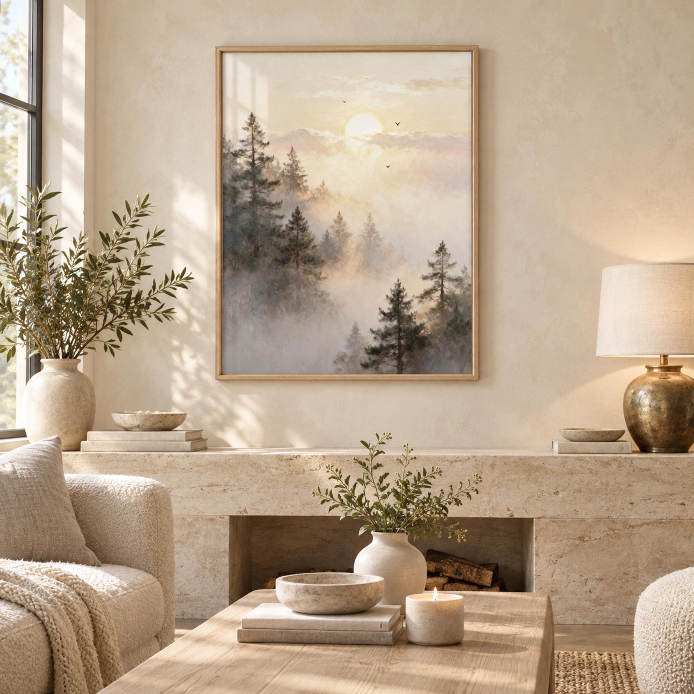 Misty Forest Printable Wall Art, Golden Sun Pine Trees, Neutral Decor Digital Download — image 2
