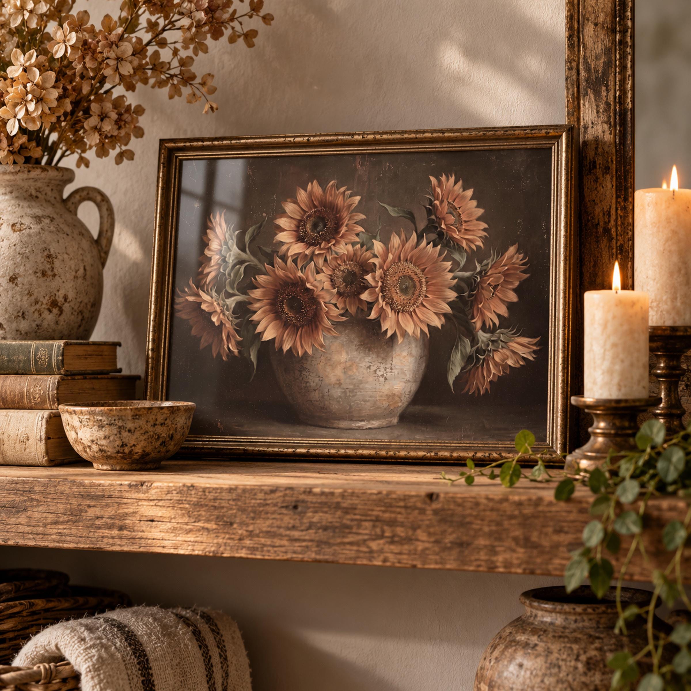 Moody Sunflower Vase Printable Wall Art, Dark Rustic Floral Farmhouse Kitchen Decor Digital Download — image 5