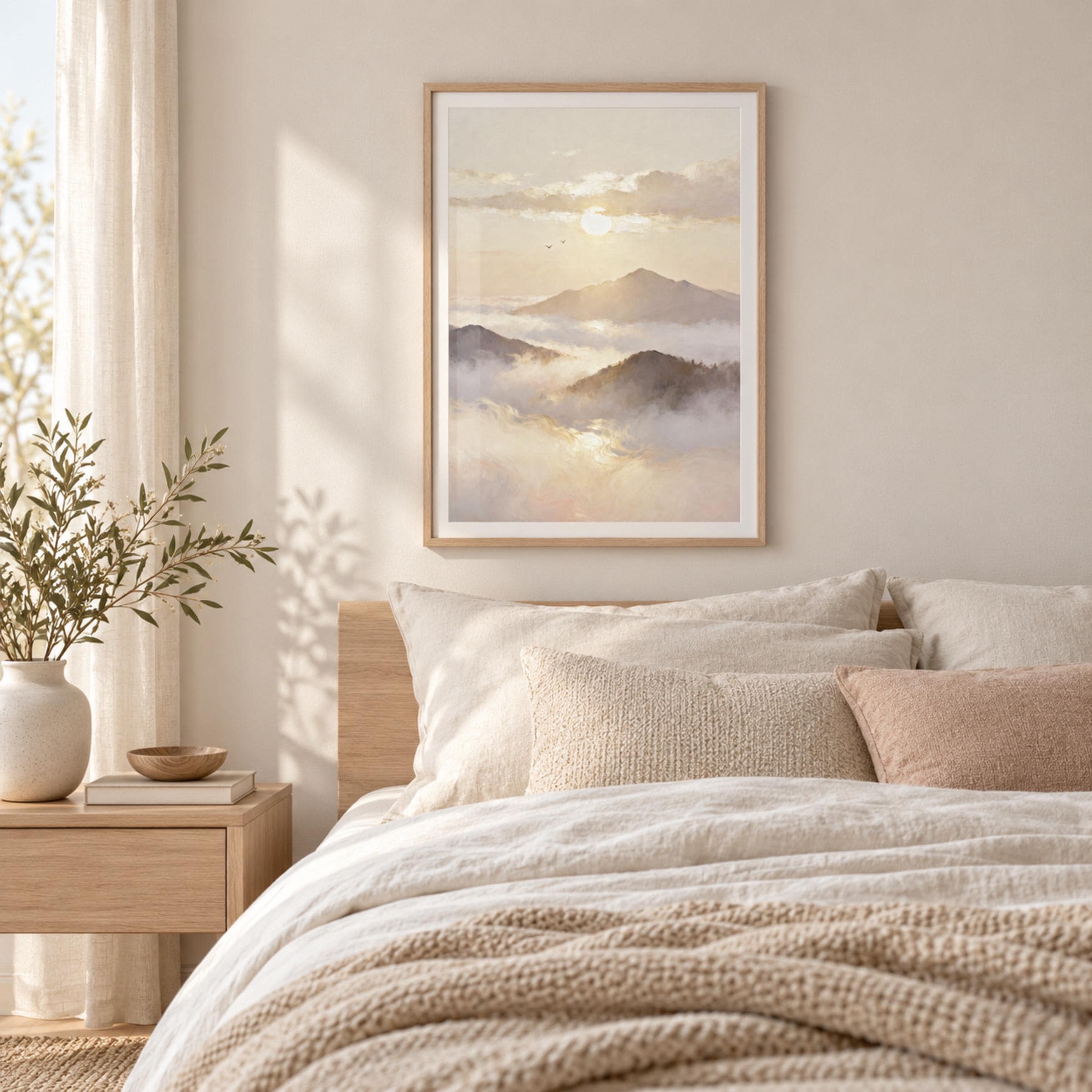 Sunset Mountain Printable Wall Art, Neutral Misty Landscape Painting, Serene Bedroom Decor Digital Download — image 2