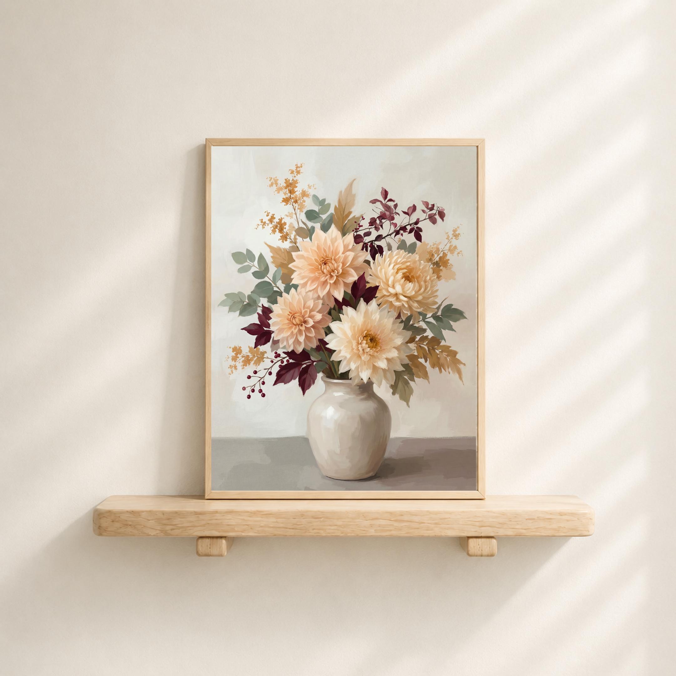 Fall Dahlia Wall Art, Cream Floral Vase Print, Burgundy Autumn Leaf Decor (Digital Download) — image 3