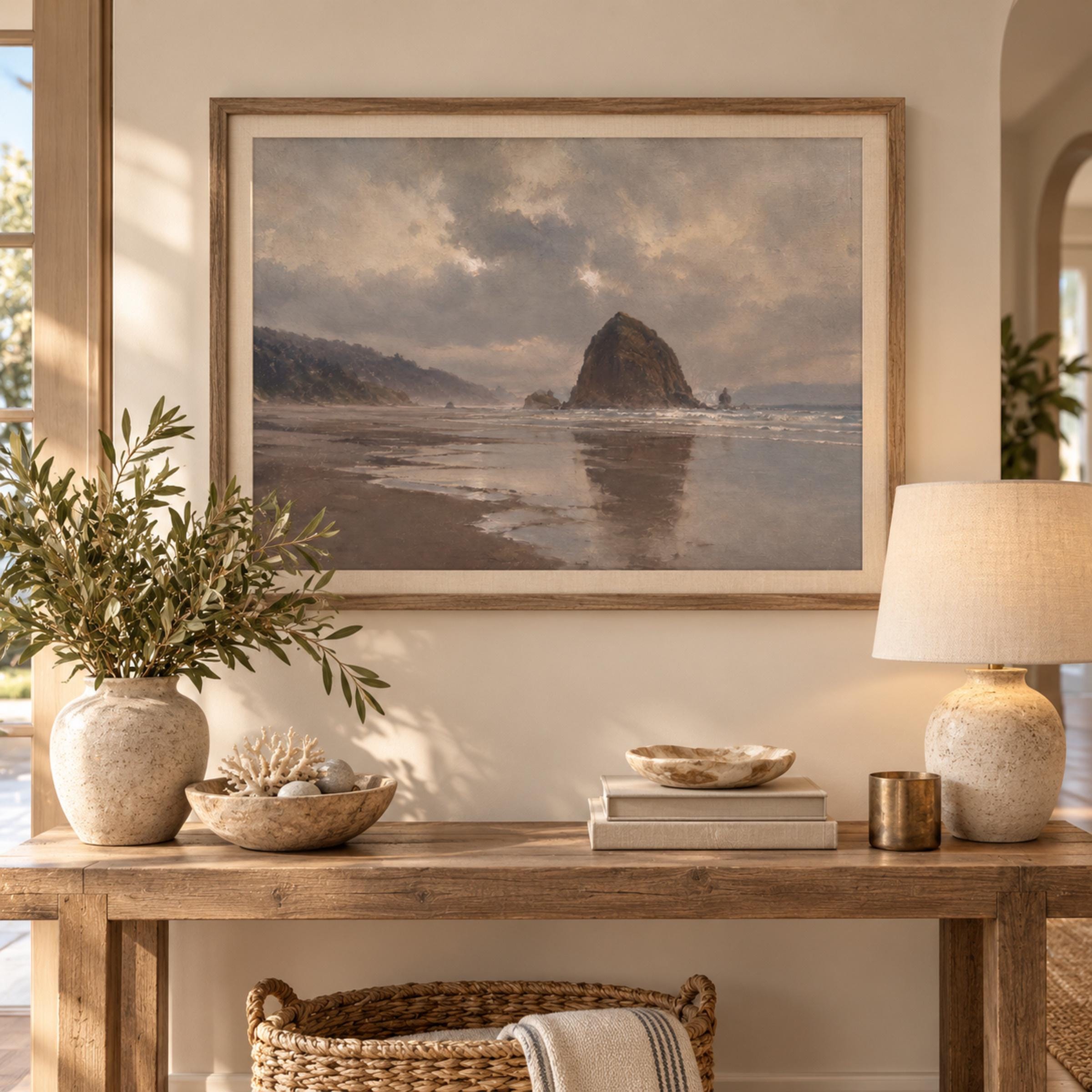 Coastal Landscape Wall Art | Cannon Beach Inspired Print | Moody Vintage Seascape Digital Download — image 3