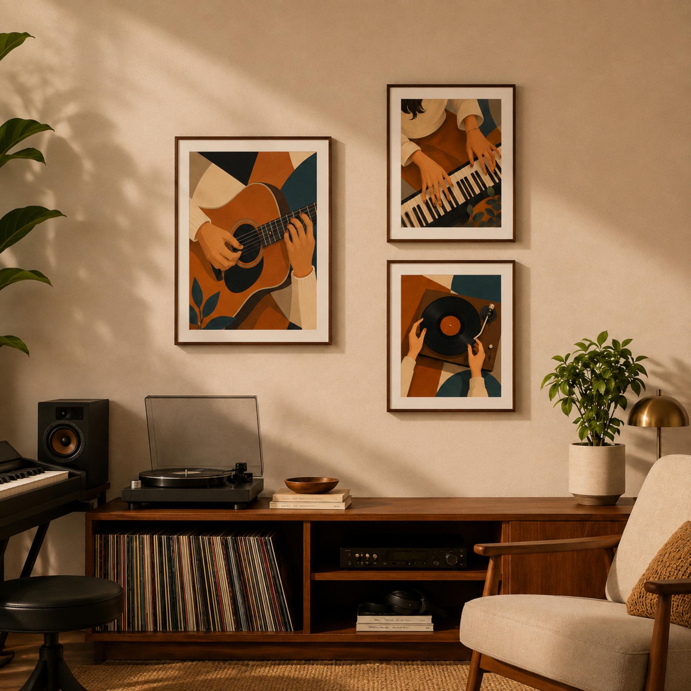 Music Wall Art Set of 3 Prints | Retro Piano Guitar Vinyl Record (Digital Download) — image 2