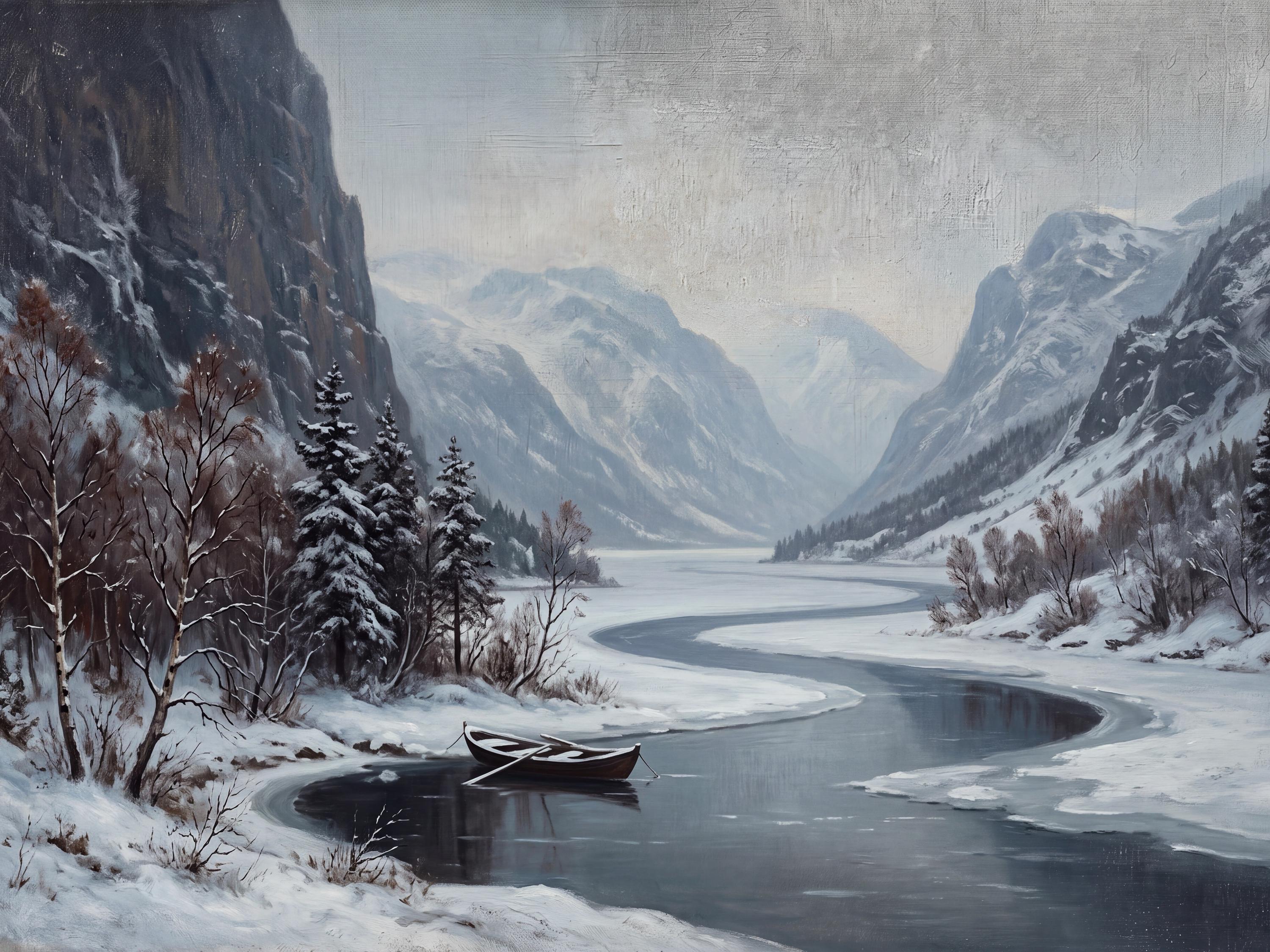 Rowboat on the Winter Mountain River — image 9