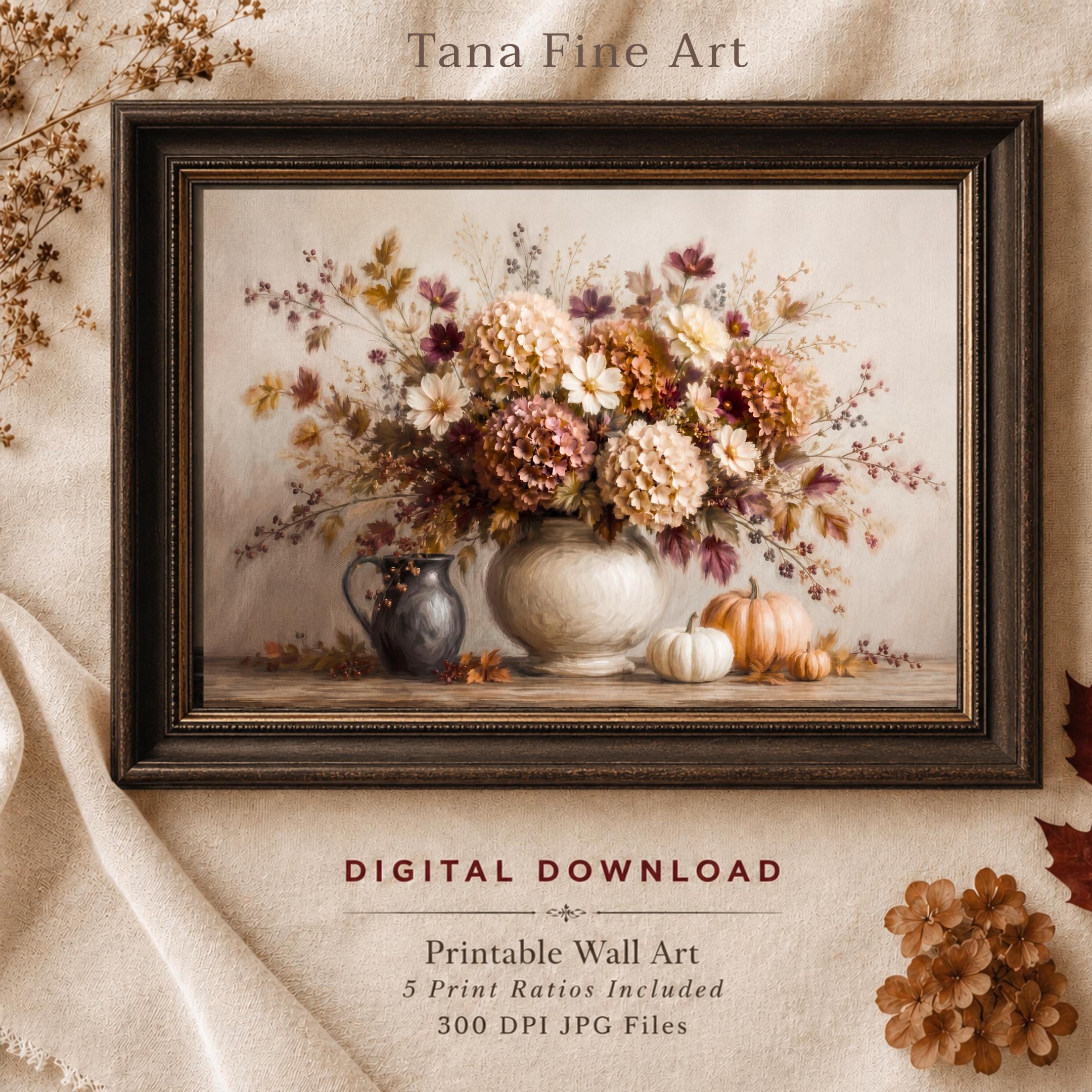 Fall Floral Centerpiece Wall Art, Pumpkin Hydrangea Still Life Print, Thanksgiving Decor (Digital Download)
