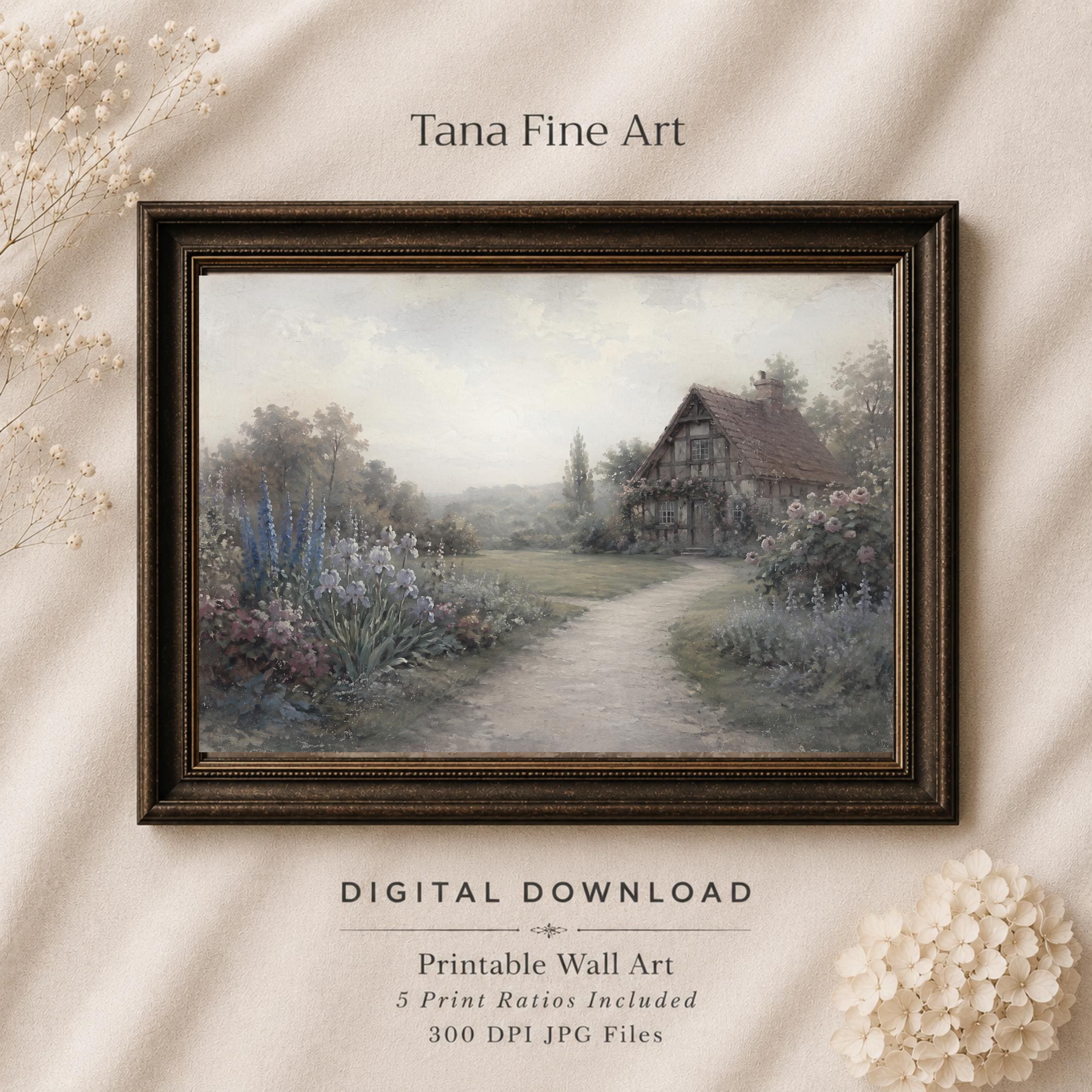 German Cottage Garden Printable Wall Art, Vintage Floral Path Landscape, Romantic European Digital Download