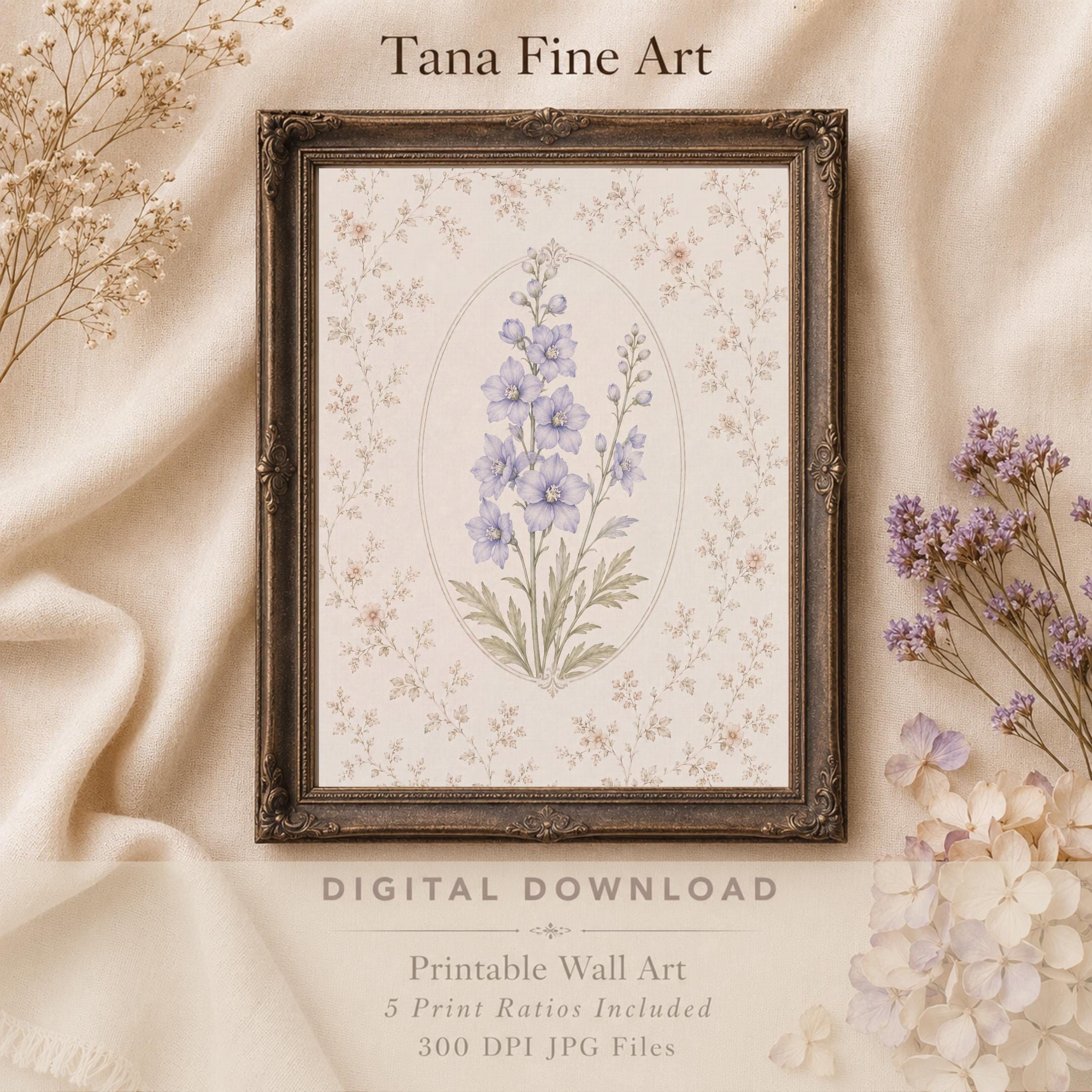 July Birth Month Flower Print | Larkspur Printable Wall Art | Vintage Botanical Gift Digital Download — image 4