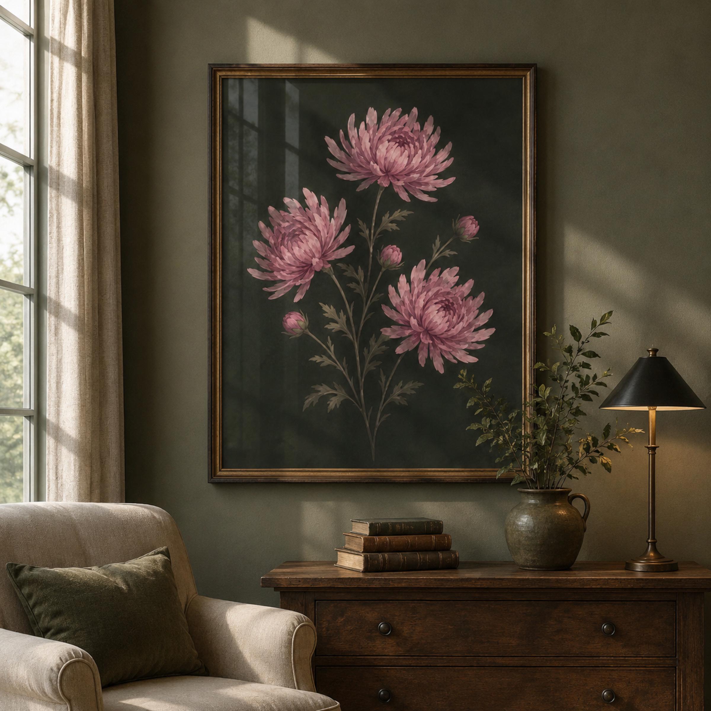 Moody November Birth Flower Print | Chrysanthemum Wall Art | Dark Botanical Digital Download — image 3