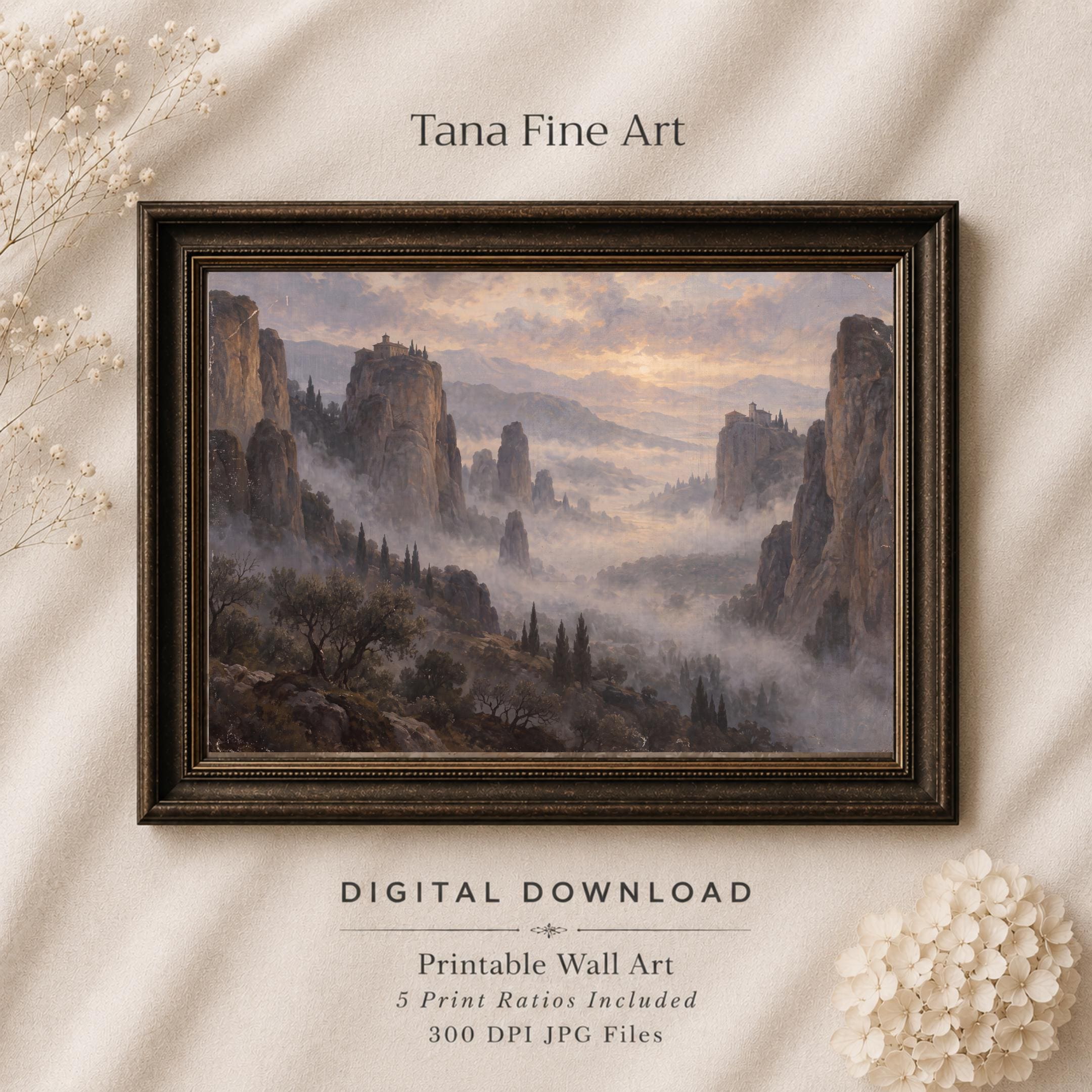 Vintage Misty Mountain Wall Art, Cliffside Monastery Landscape, Ethereal Valley, Rustic Mediterranean Digital Download