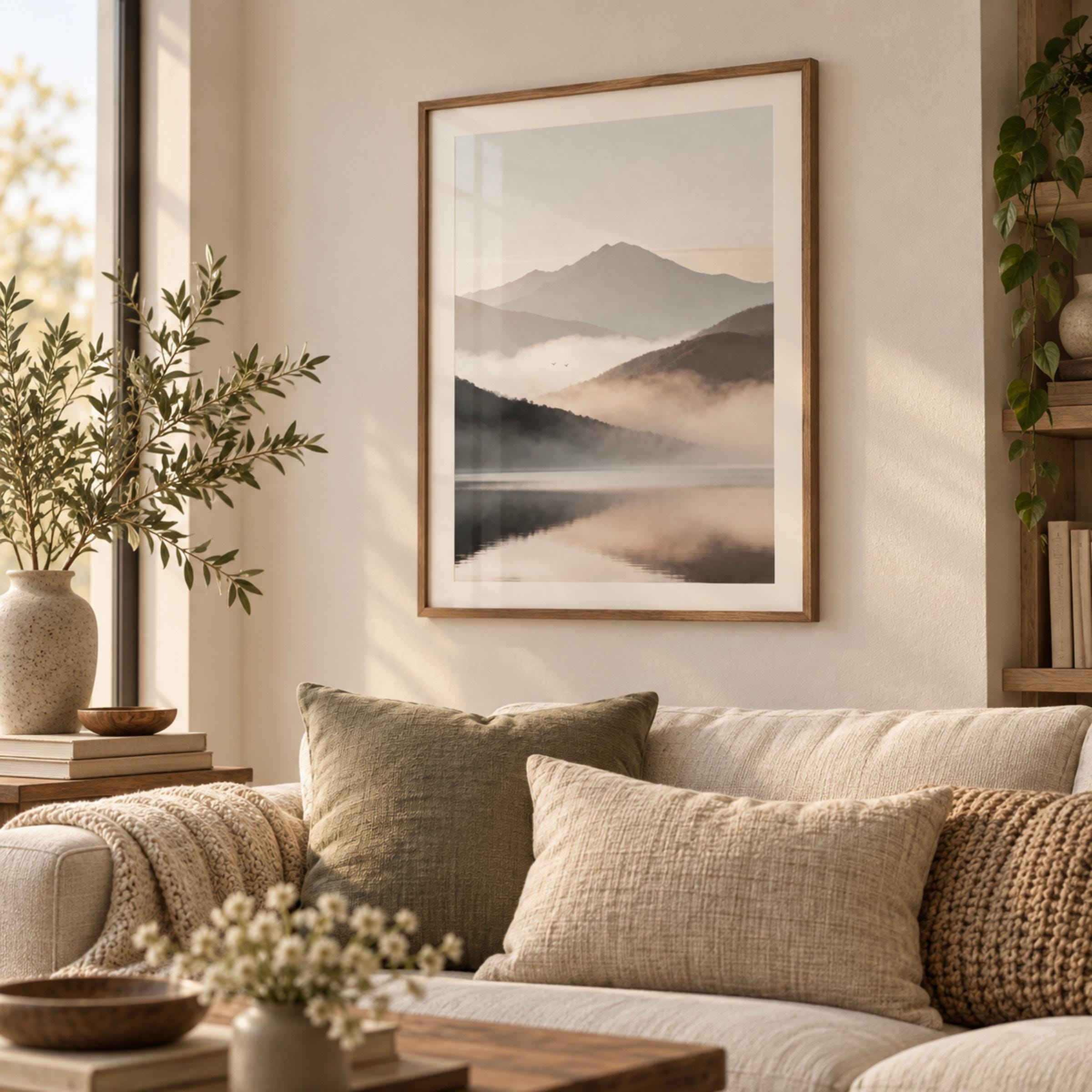 Misty Mountain Lake Printable Wall Art, Neutral Landscape Print, Serene Bedroom Decor Digital Download — image 2