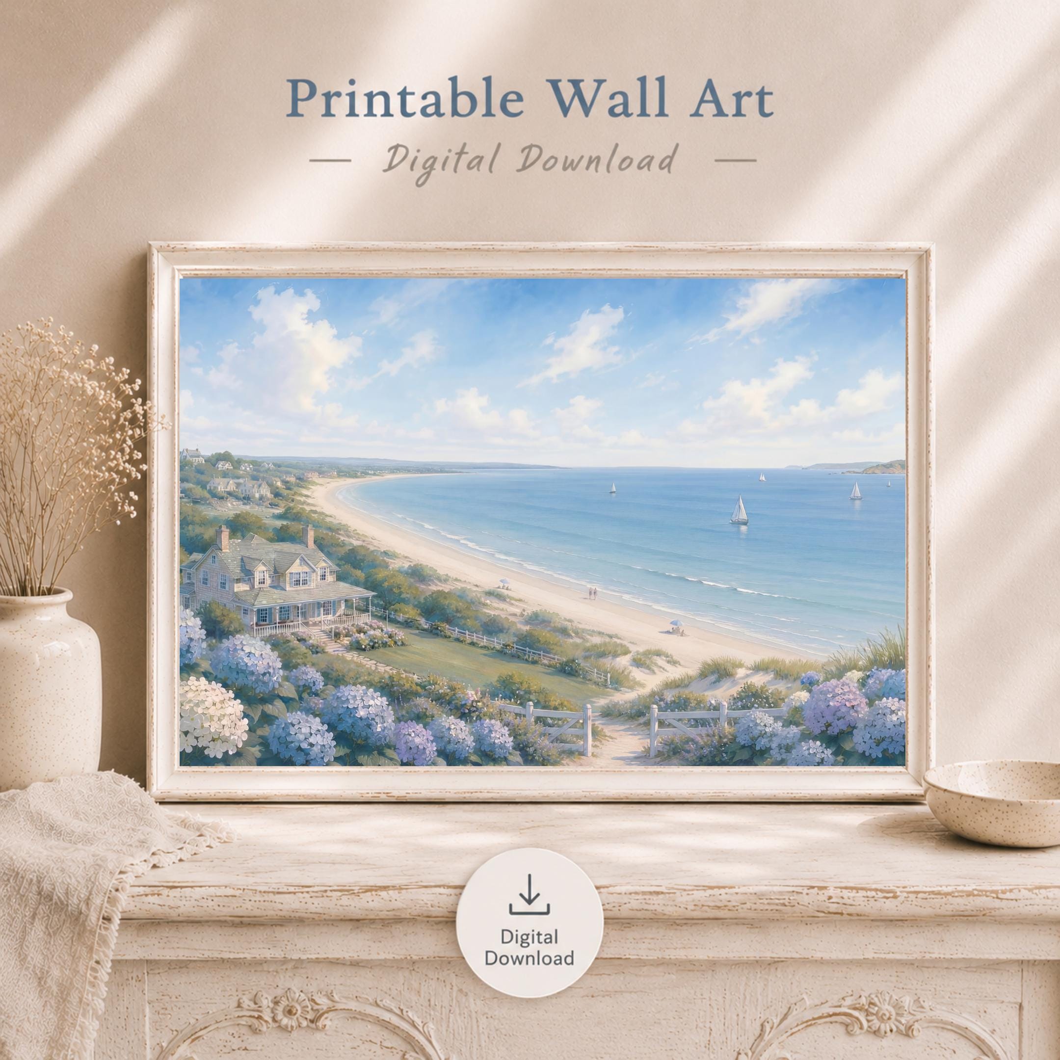 Coastal Hydrangea Beach Printable Wall Art, Sailboat Seaside Cottage Summer Home Decor Digital Download — image 5
