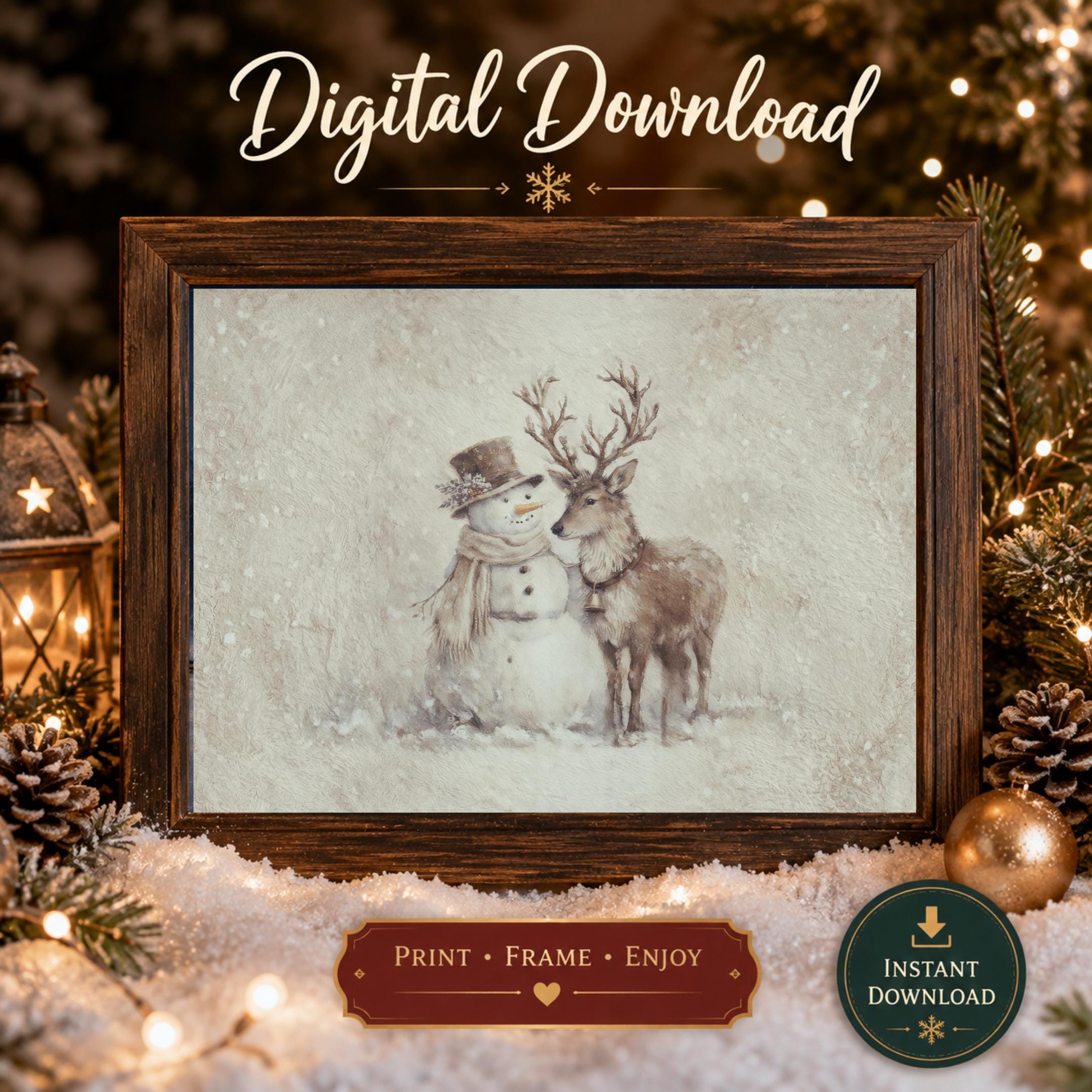 Snowman Reindeer Wall Art Printable | Neutral Winter Animal Print | Cozy Christmas Decor (Digital Download)
