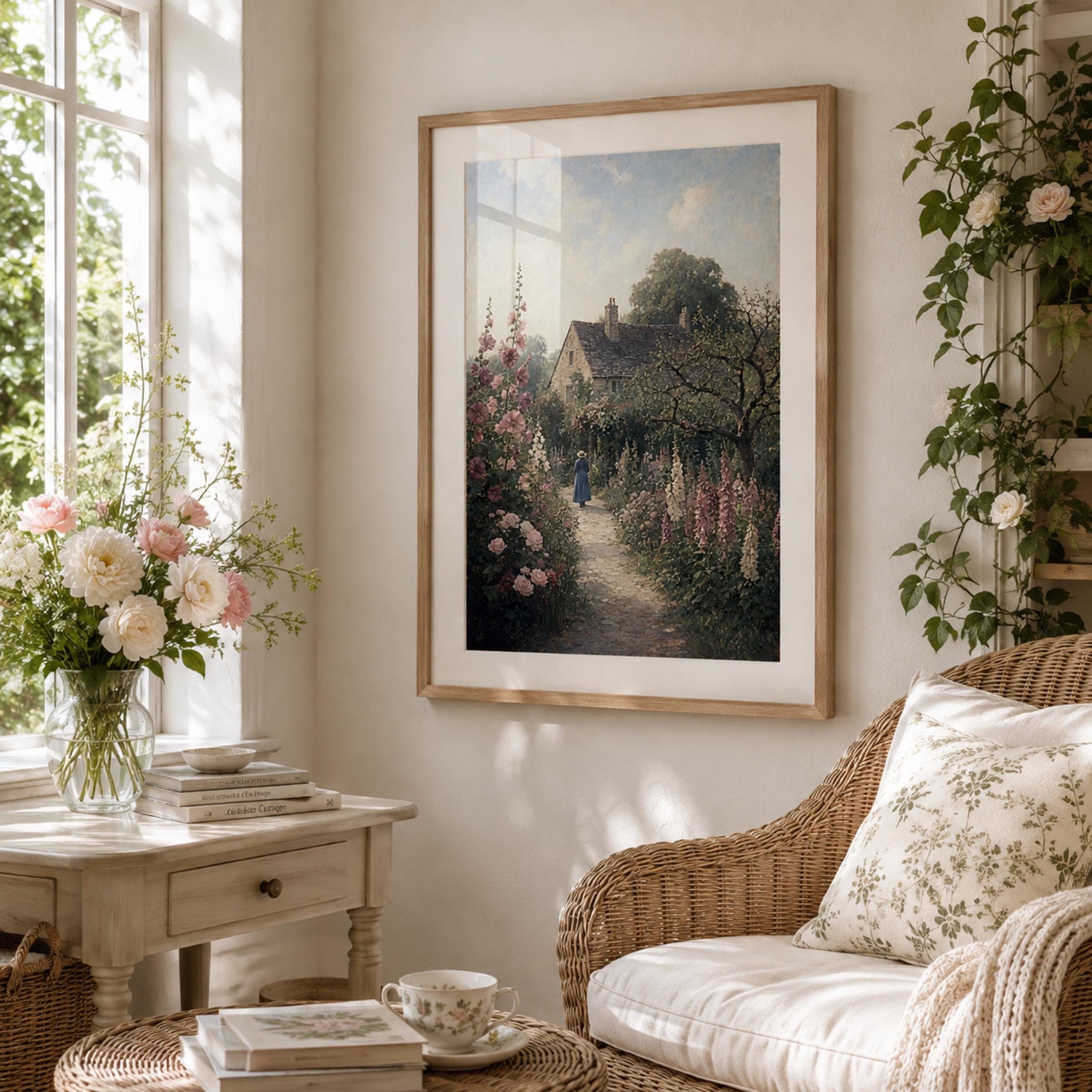 Vintage Woman Walking Cottage Garden Wall Art | English Flower Garden Print | Printable Digital Download — image 3