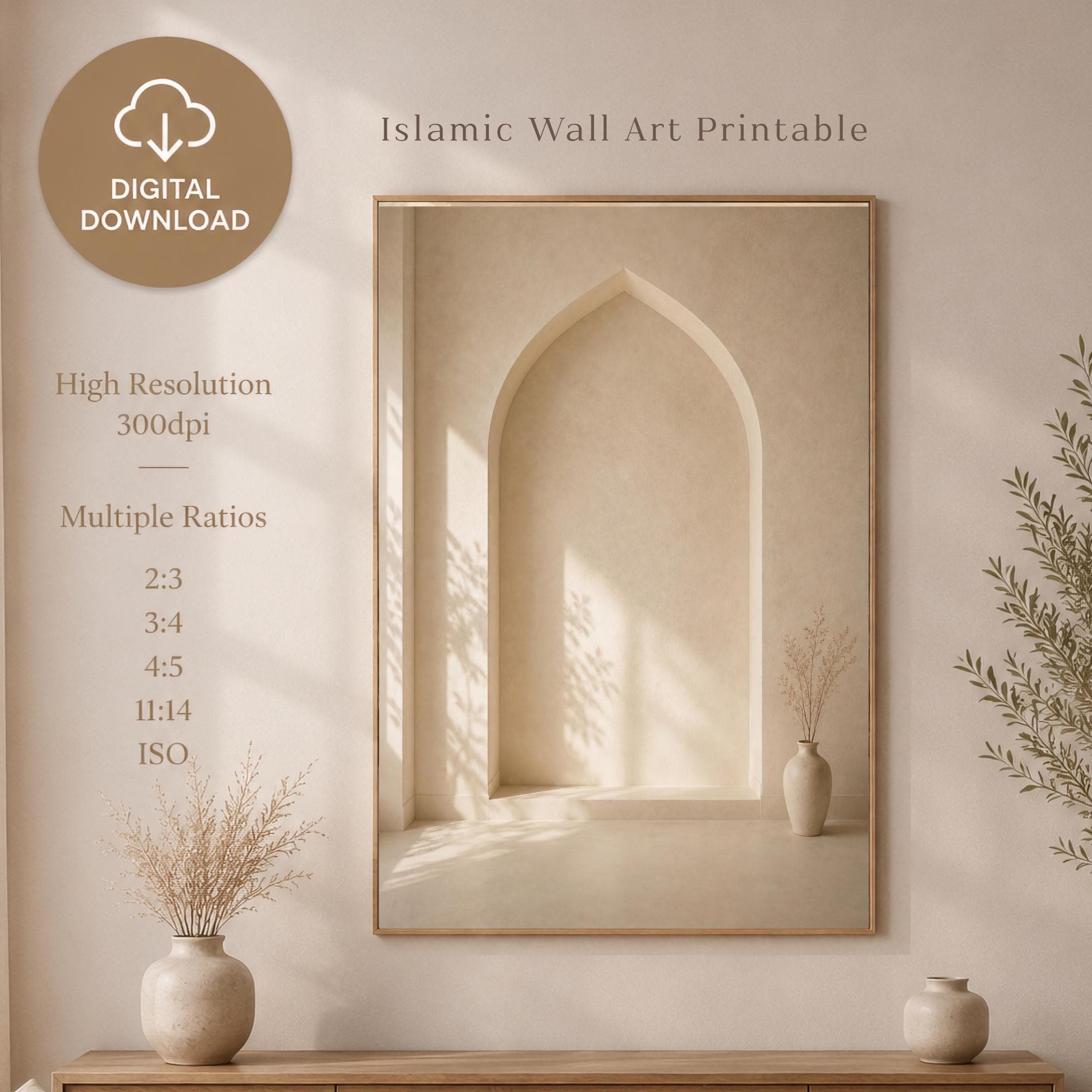 Minimal Mihrab Wall Art, Beige Islamic Prayer Room Print, Muslim Home Decor (Digital Download)
