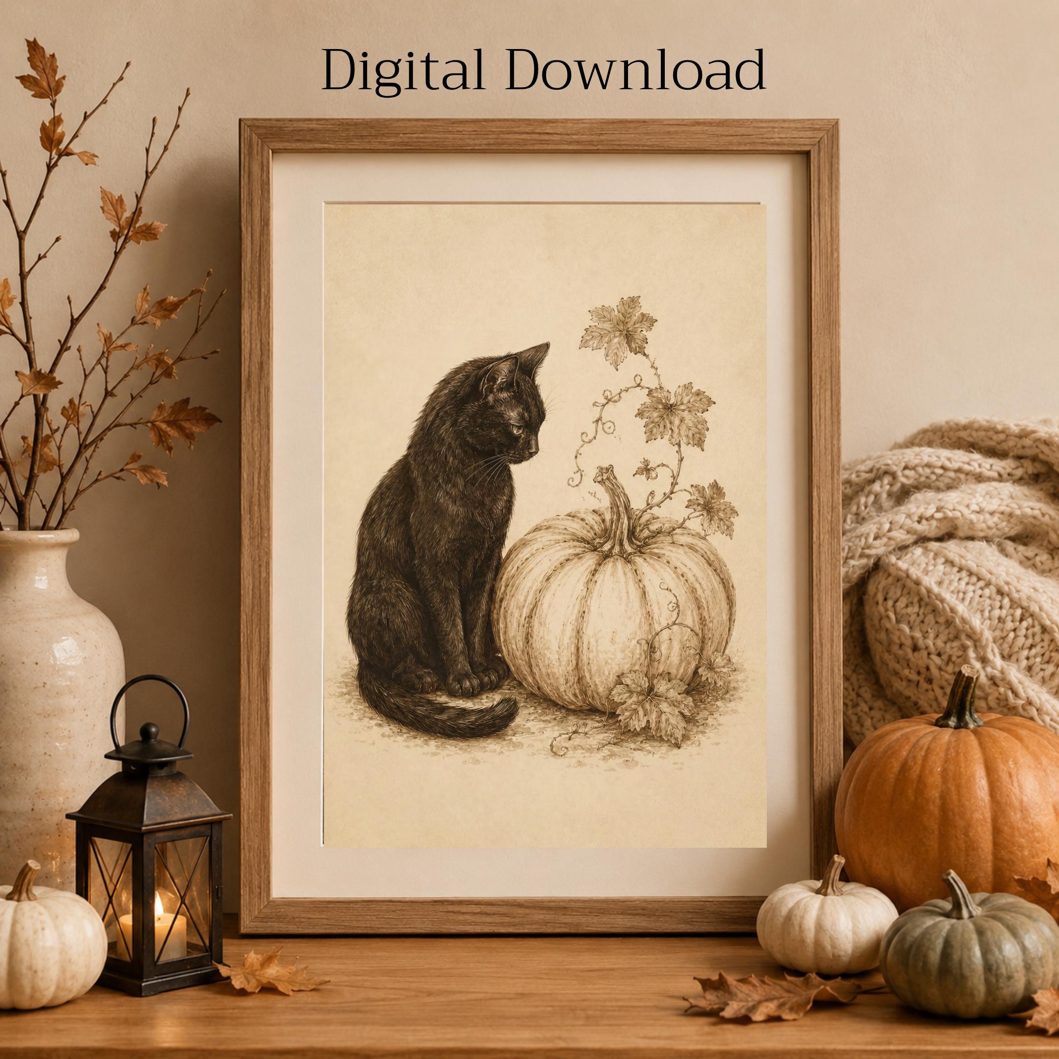 Halloween Black Cat, White Pumpkin Art, Vintage Fall Botanical, Rustic October Halloween Digital Download