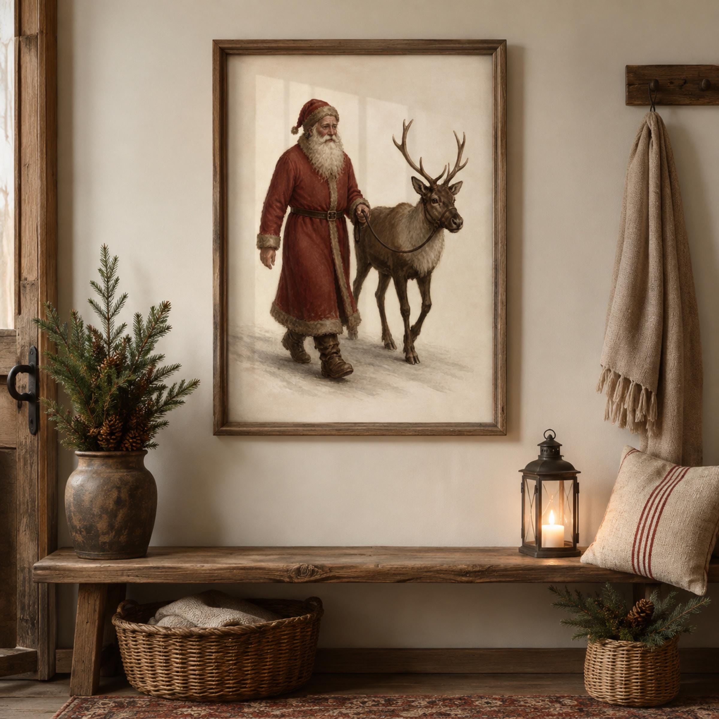 Vintage Santa and Reindeer Printable Wall Art, Old World Christmas Digital Download — image 2