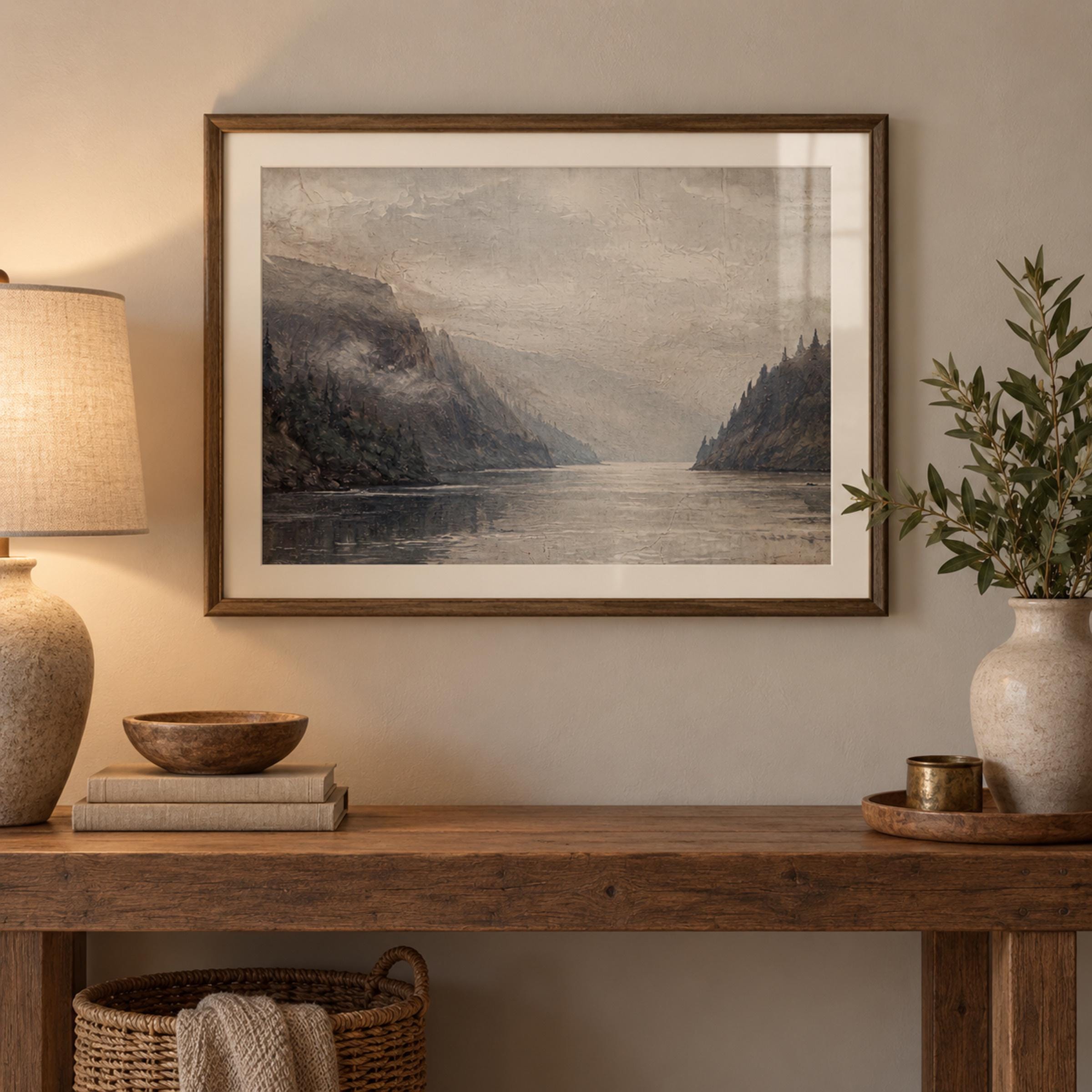 Misty Mountain Lake Printable Wall Art, Neutral Alpine Valley Landscape, Cabin Decor Digital Download — image 3