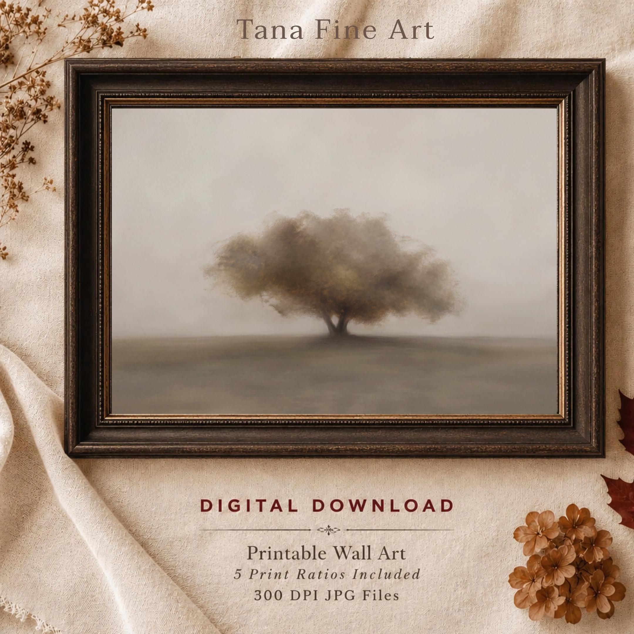 Tree Wall Art Printable | Soft Minimalist Landscape Print | Neutral Vintage Painting Digital Download