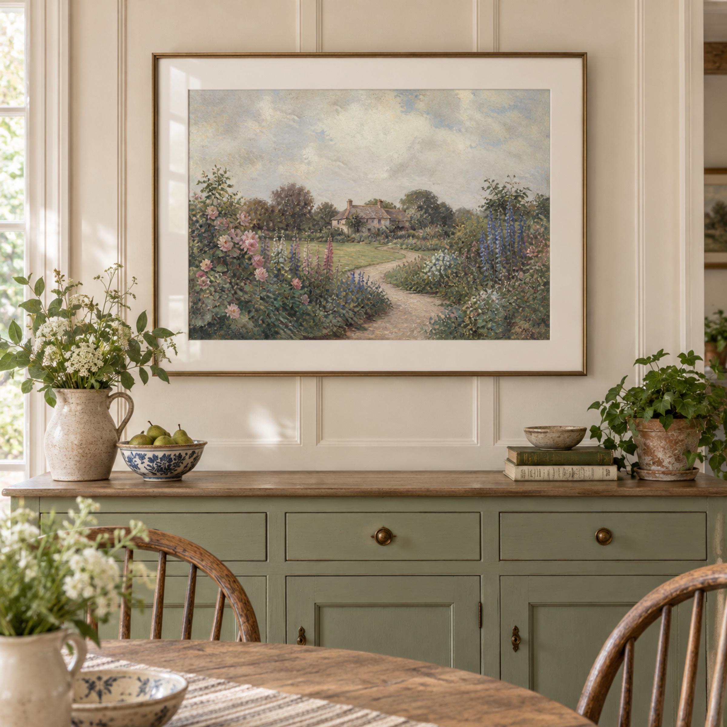 English Cottage Garden Printable Wall Art, Vintage Flower Path Landscape, Romantic Grandmillennial Digital Download — image 2