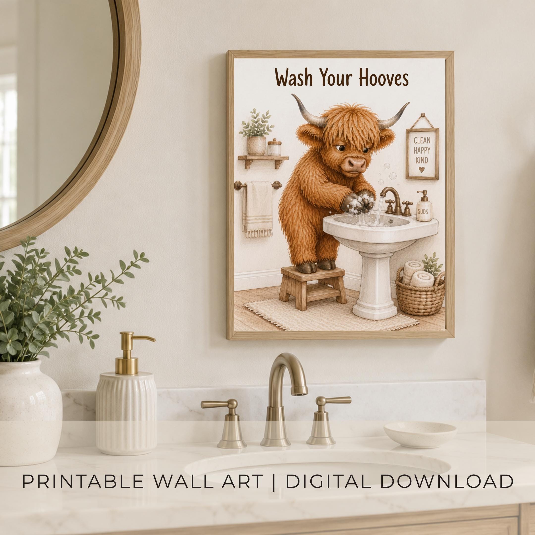 Highland Cow Boy Bathroom Prints Set of 4, Rustic Farmhouse Toilet Decor Digital Download — image 3