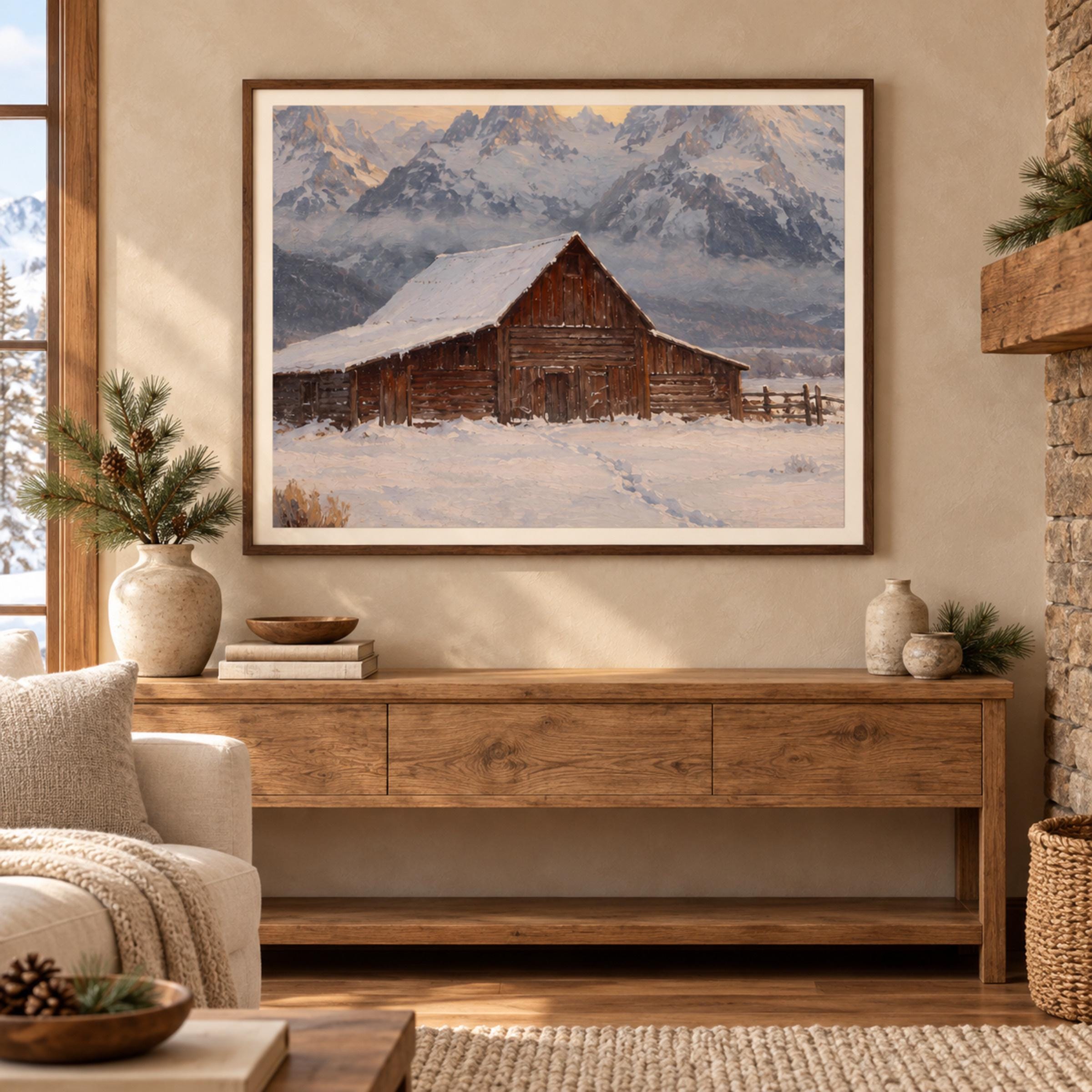 Wooden Barn beneath Snowy Peaks — image 4