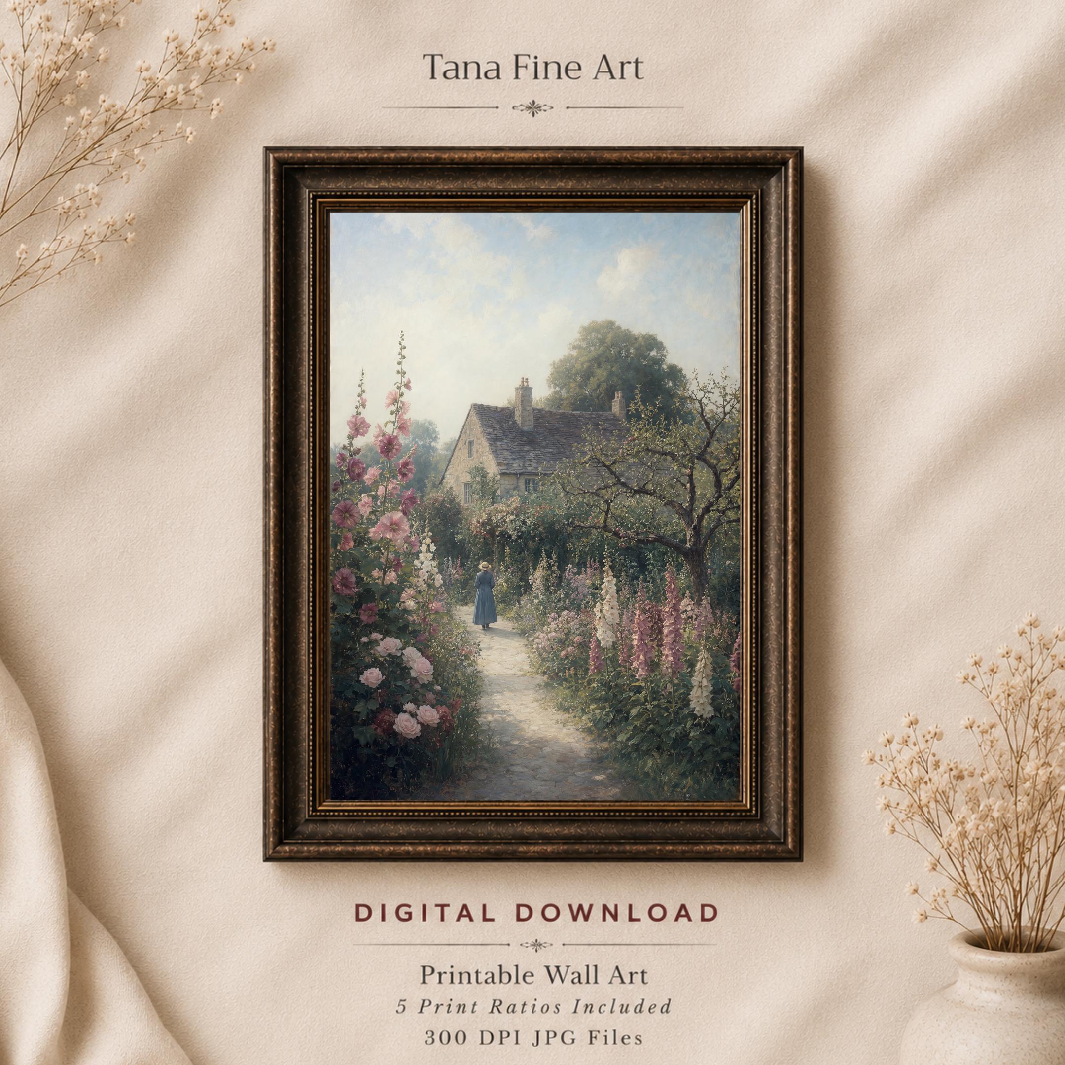 Vintage Woman Walking Cottage Garden Wall Art | English Flower Garden Print | Printable Digital Download — image 4