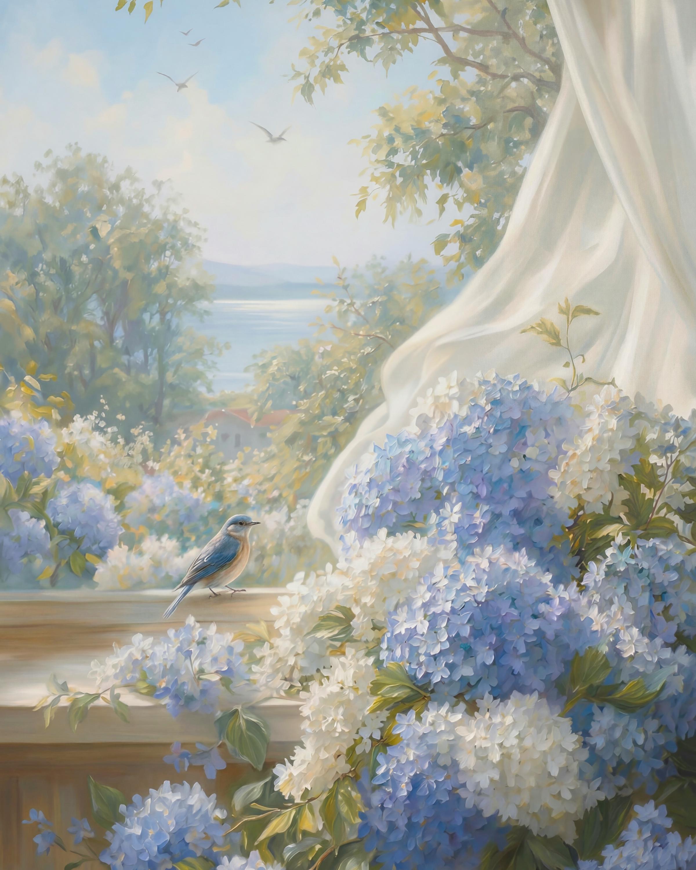 Blue Hydrangea Garden Wall Art | Summer Coastal Cottage Floral Print with Bird (Digital Download) — image 2