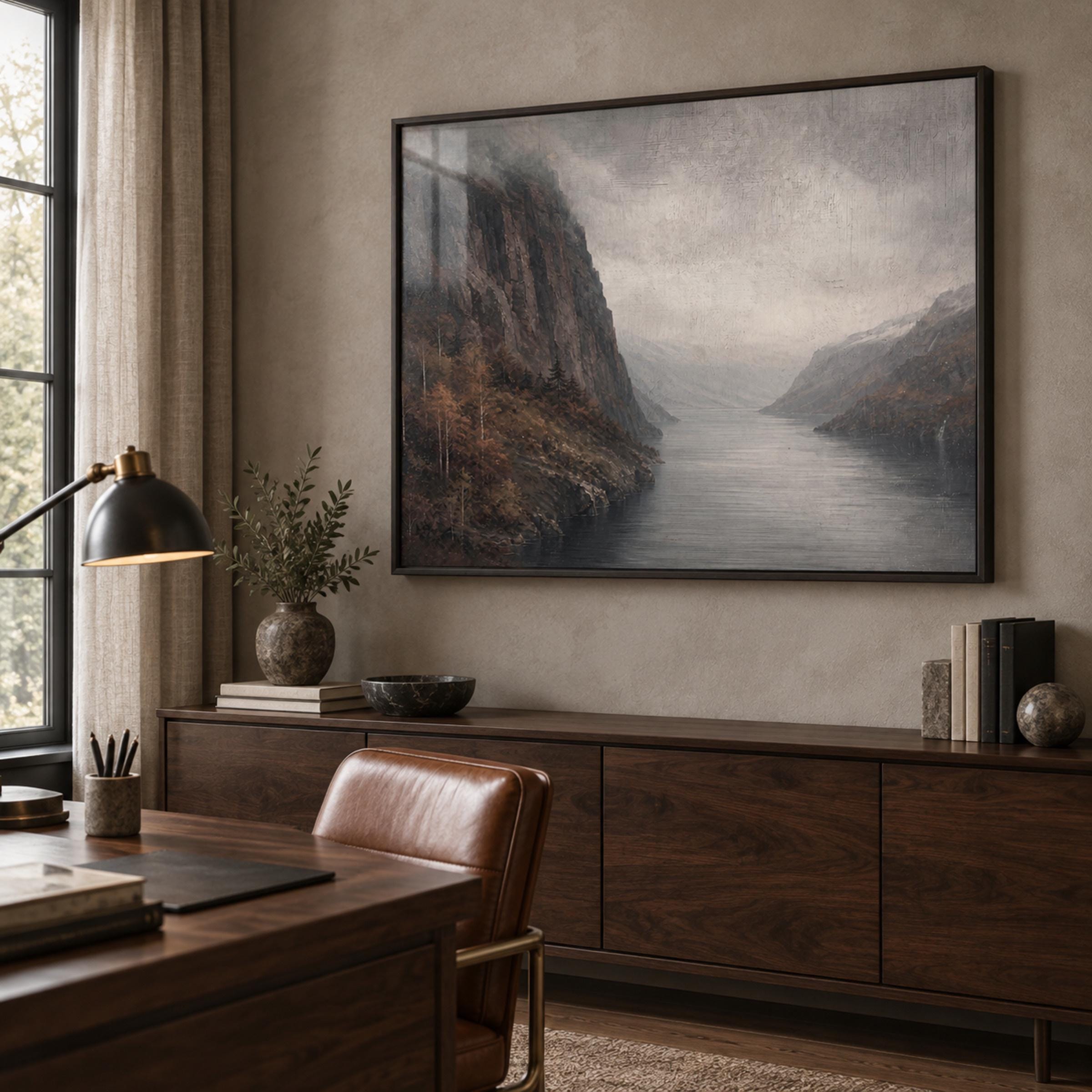 Moody Mountain Lake Printable Wall Art, Autumn Landscape Painting, Rustic Decor Digital Download — image 3
