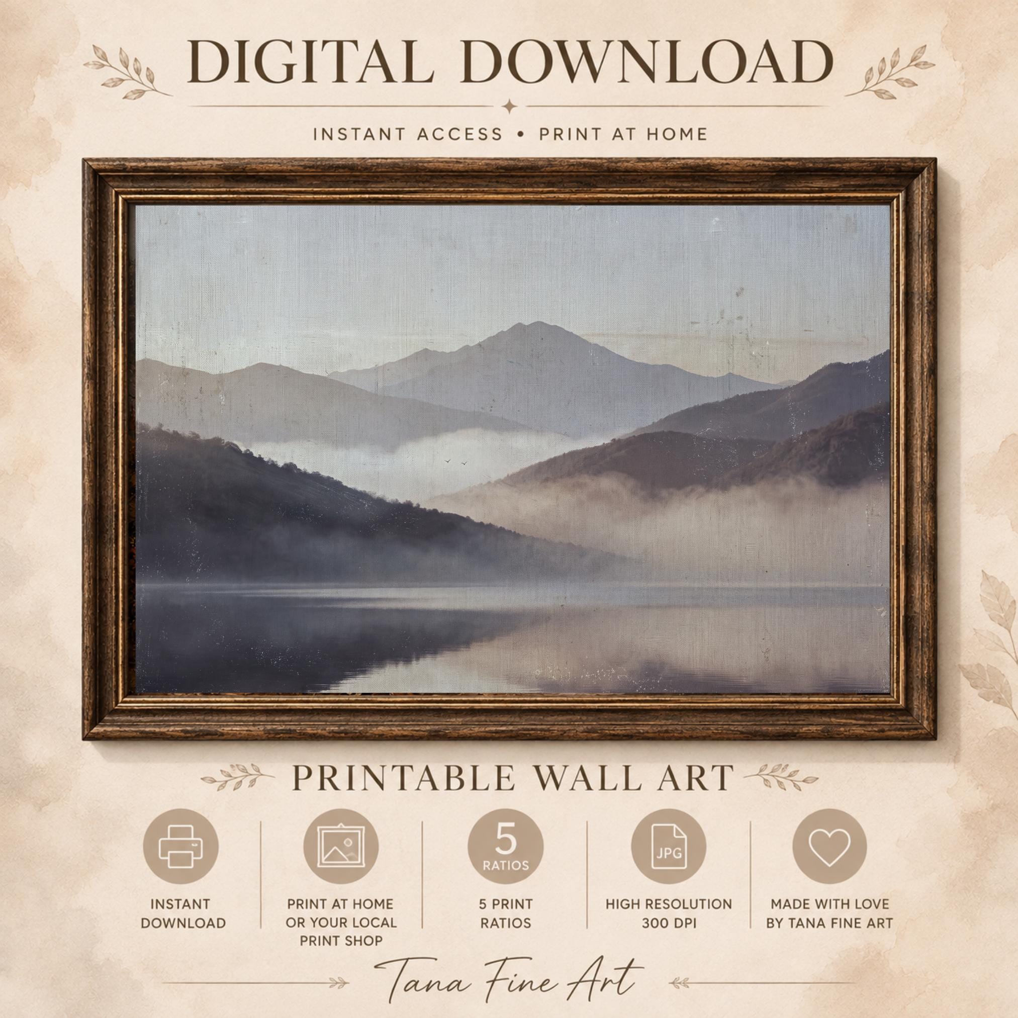 Misty Mountain Lake Printable Wall Art, Moody Neutral Landscape, Serene Bedroom Decor Digital Download — image 9