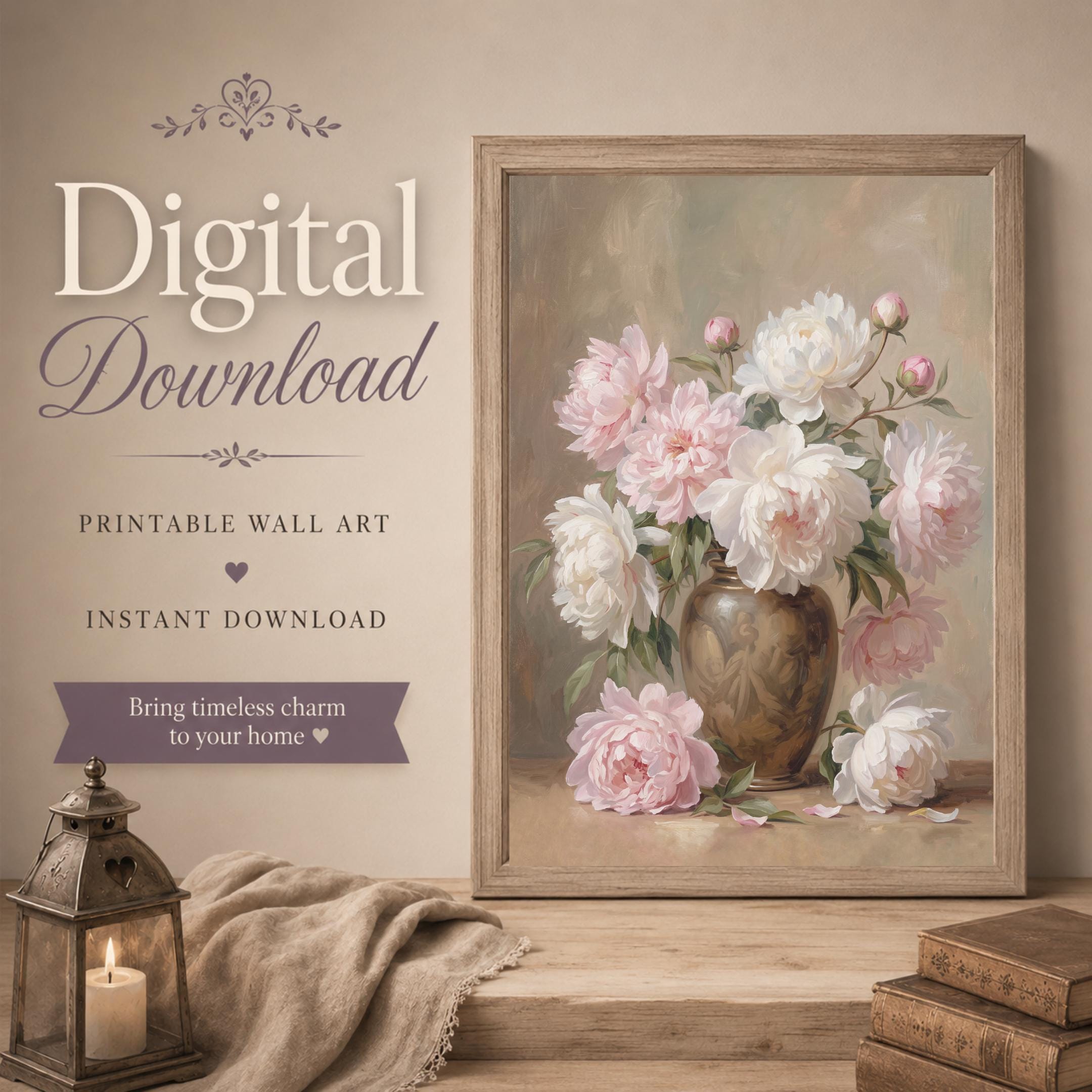 Pink White Peony Vase Printable Wall Art, Vintage Floral Cottage Home Decor Digital Download — image 7