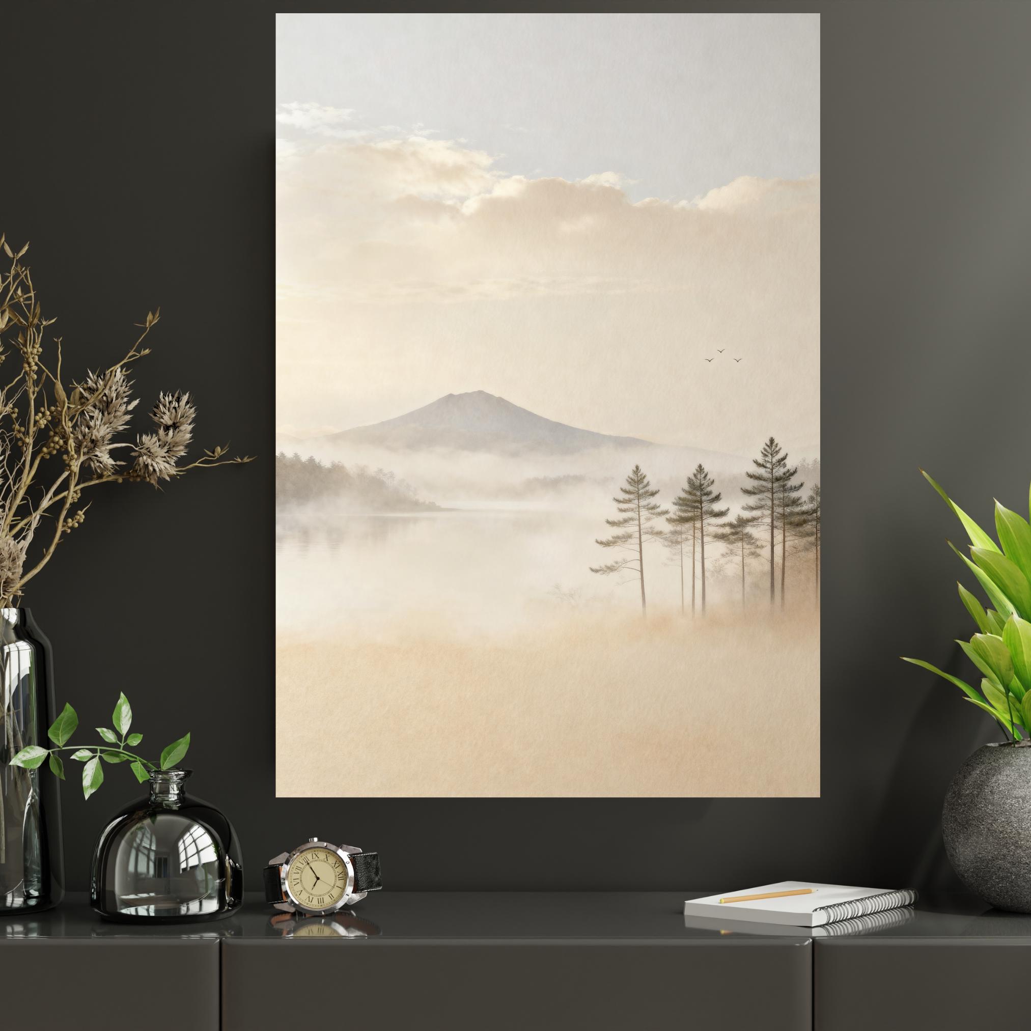 Neutral Mountain Lake Printable Wall Art, Misty Pine Forest, Japandi Decor Digital Download — image 9