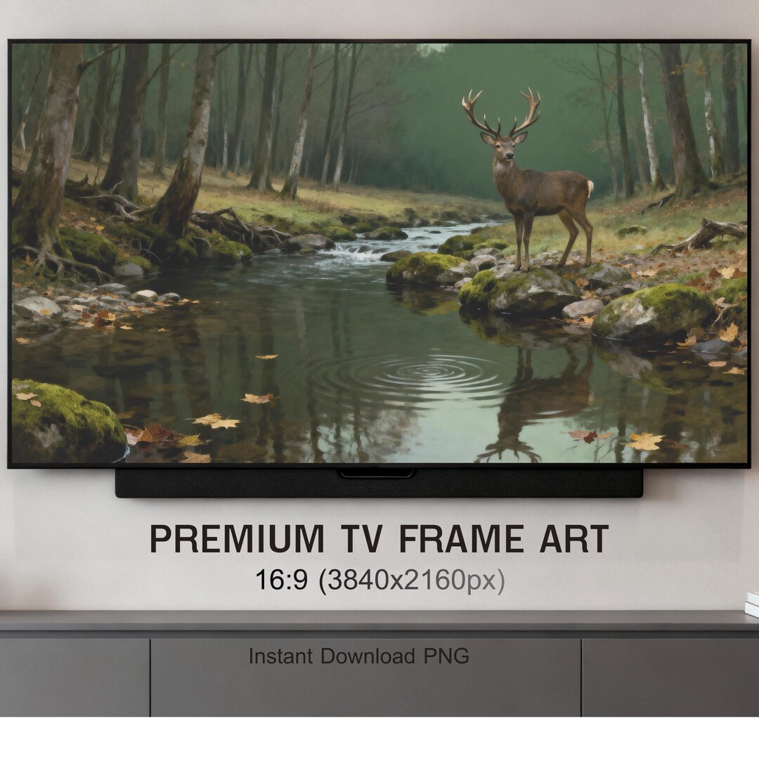 Moody Forest Stream Deer TV Frame Art, Rustic Lodge Decor (digital ...