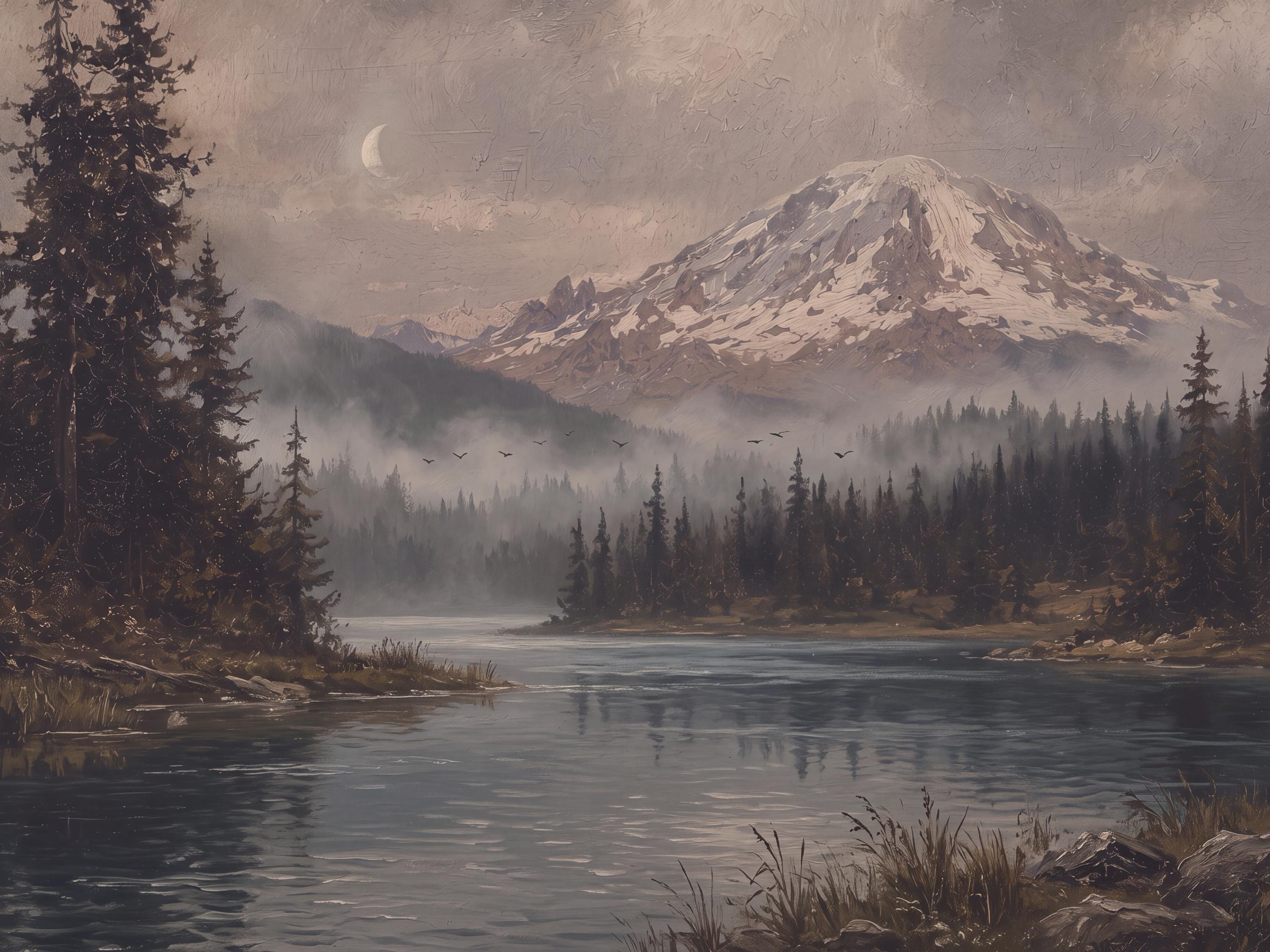 Moody Mountain River Printable Wall Art, Vintage Forest Landscape, Crescent Moon, Rustic Digital Download — image 2