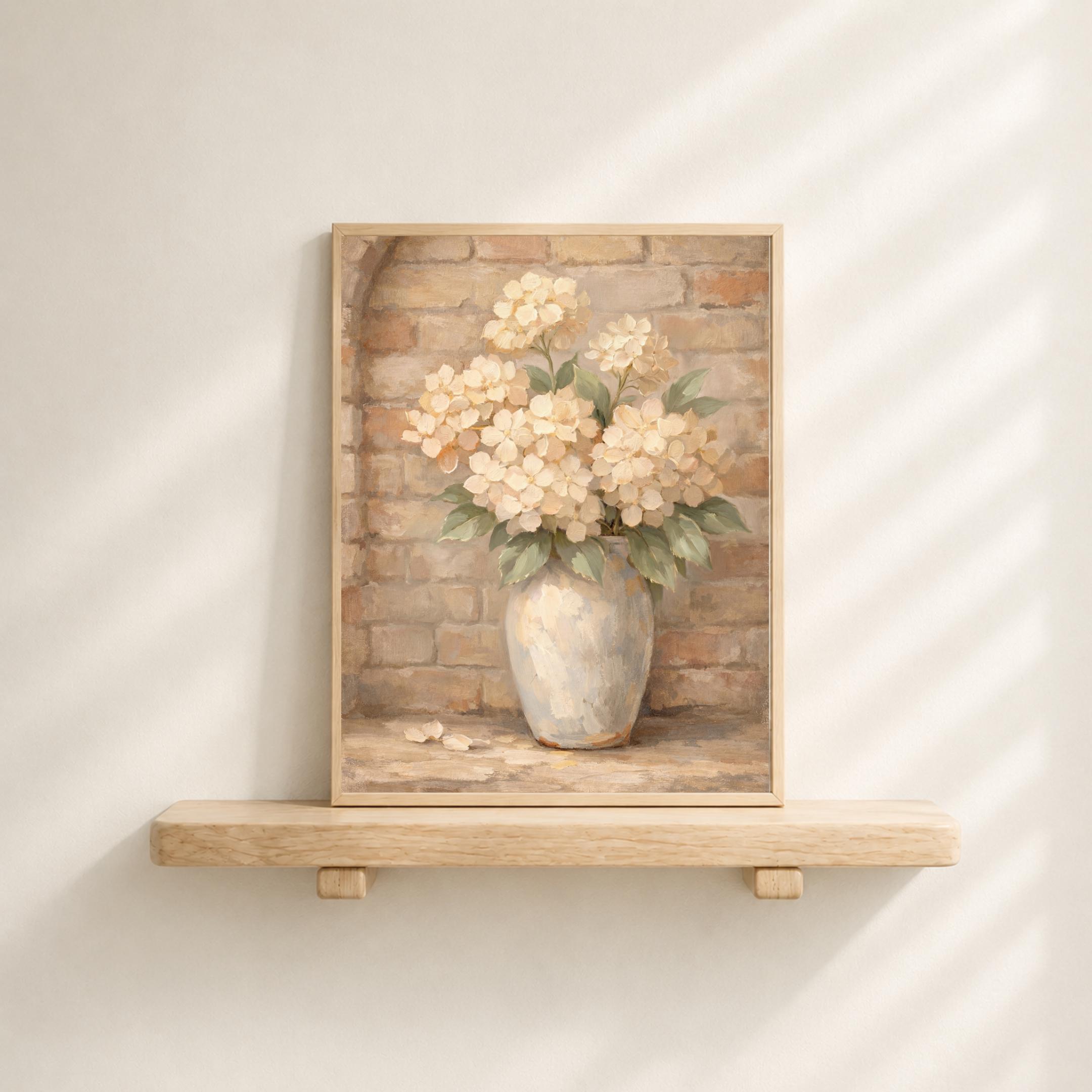 Hydrangea Vase Painting, Neutral Farmhouse Floral Decor, Rustic Brick Botanical Print (Digital Download) — image 3