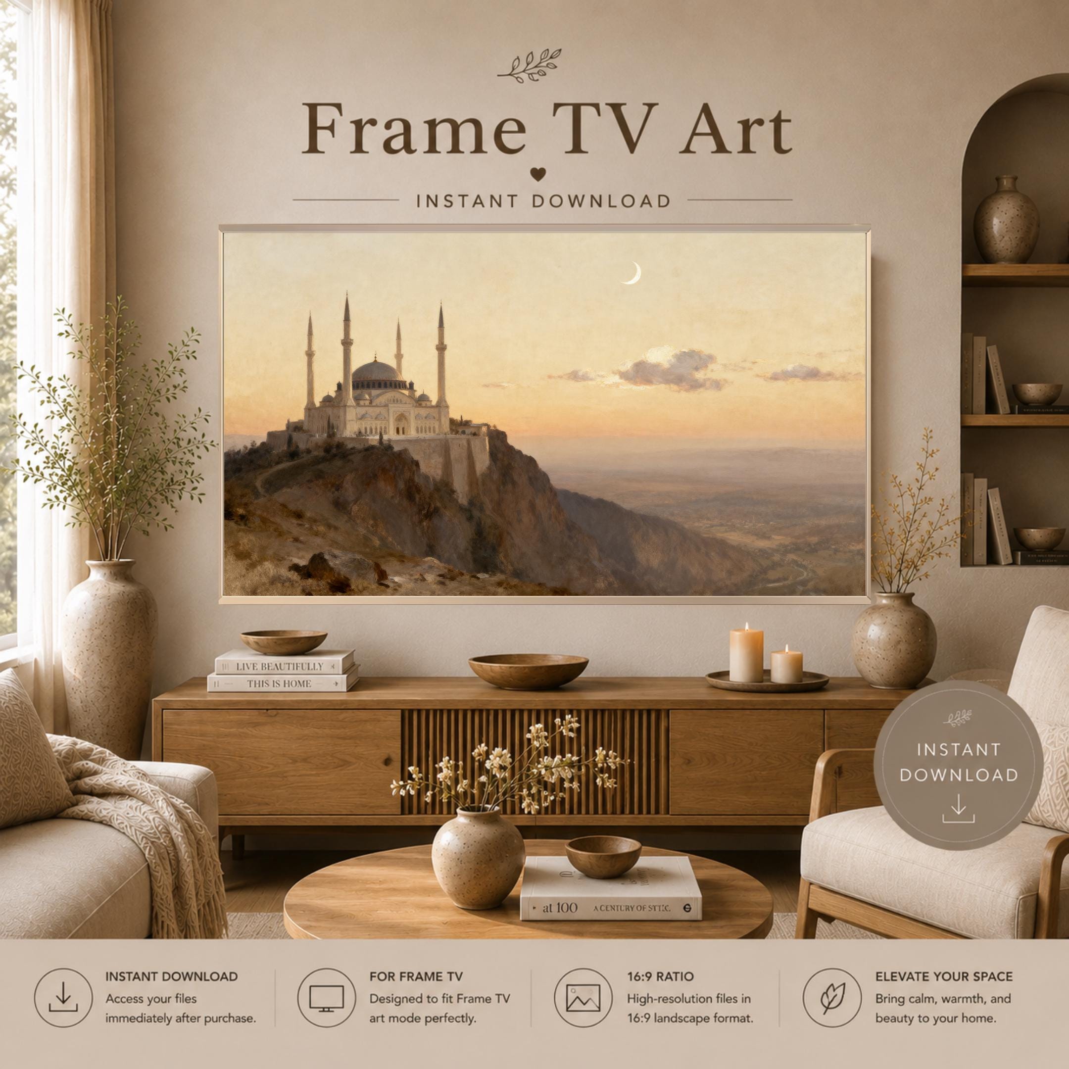 Clifftop Mosque Sunset Frame TV Art, Islamic 4K Crescent Landscape Screen Display Digital Download — image 2