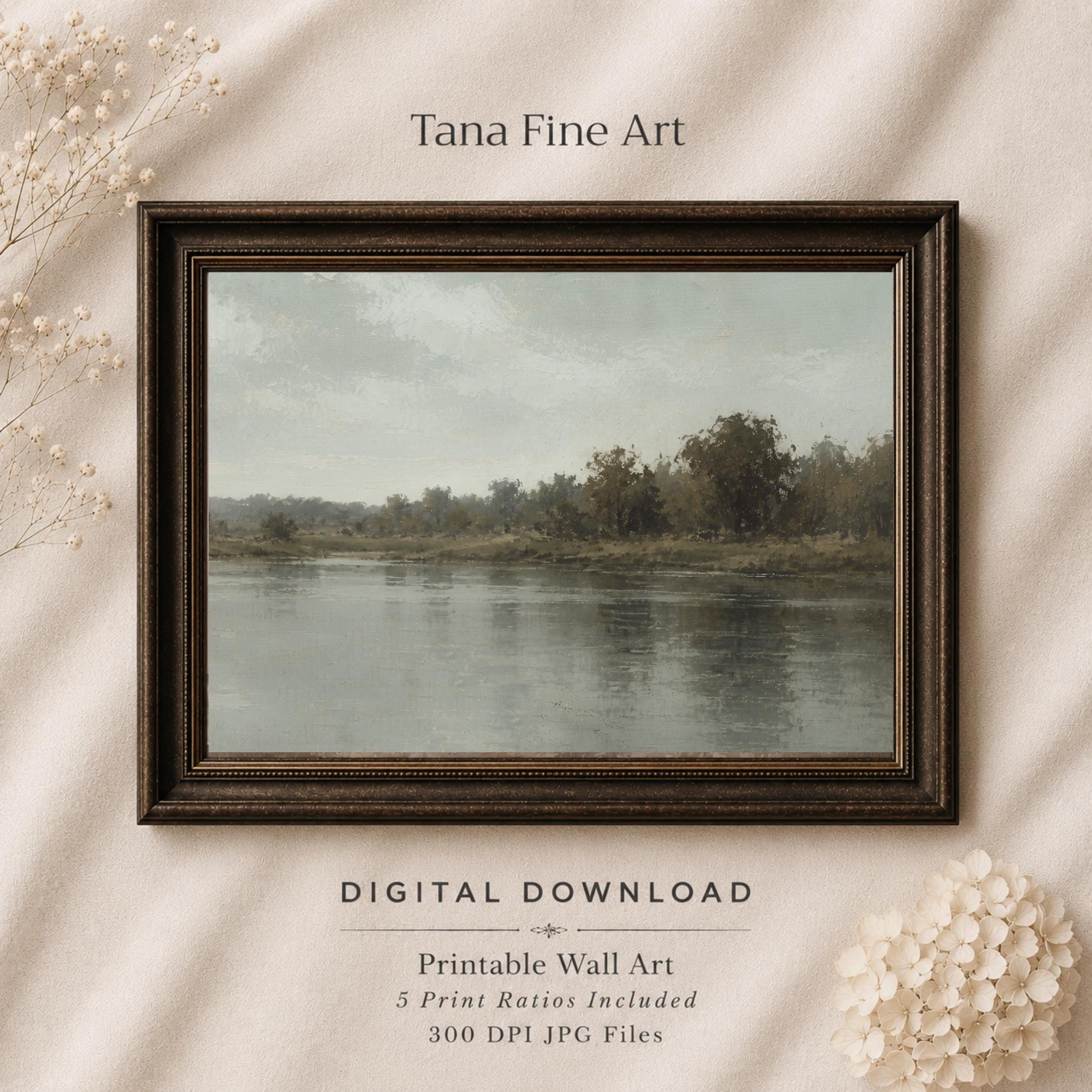 Country River Printable Wall Art, Moody Green Landscape, Rustic Home Decor Digital Download
