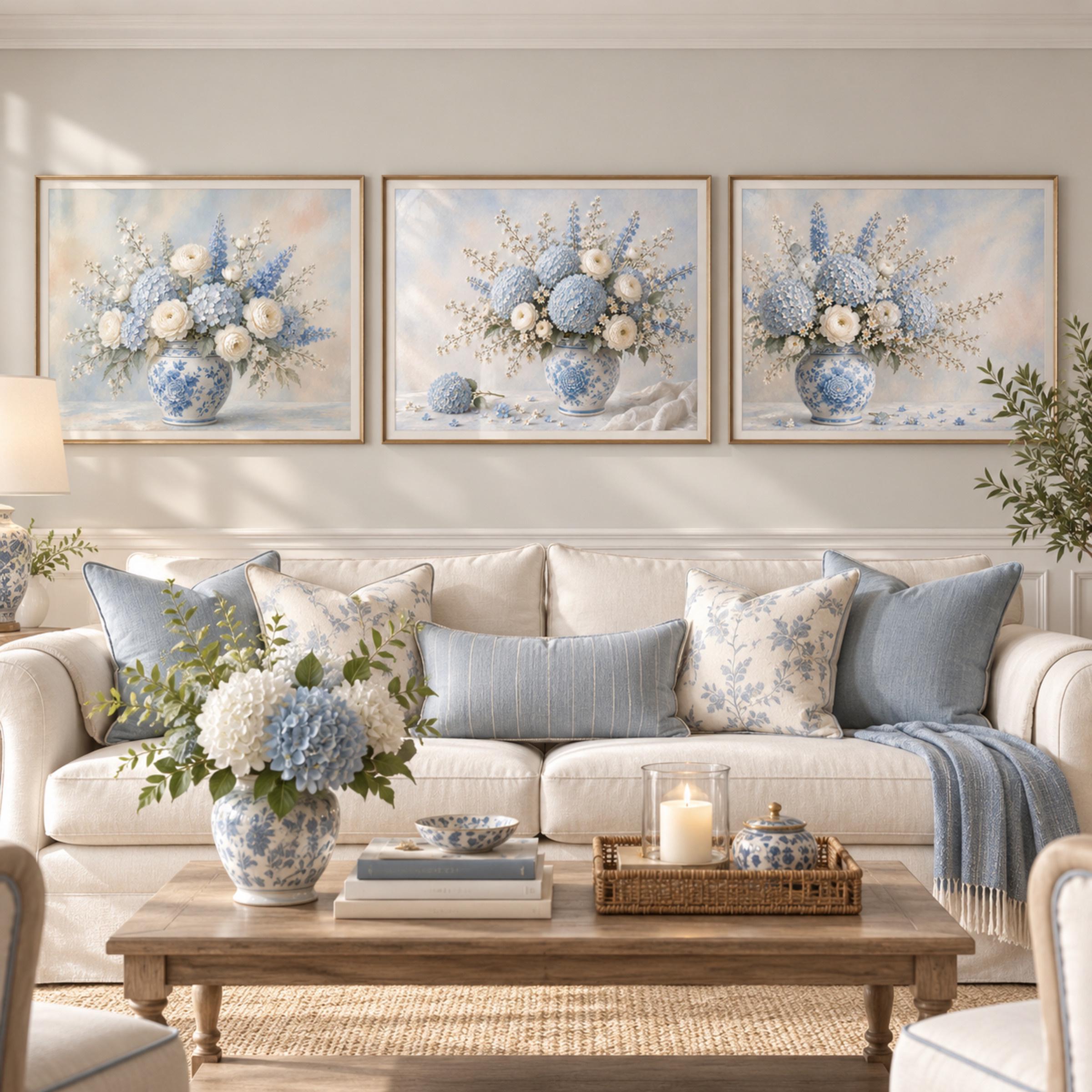 Blue Hydrangeas & Chinoiserie Vases — Set of 3 — image 3