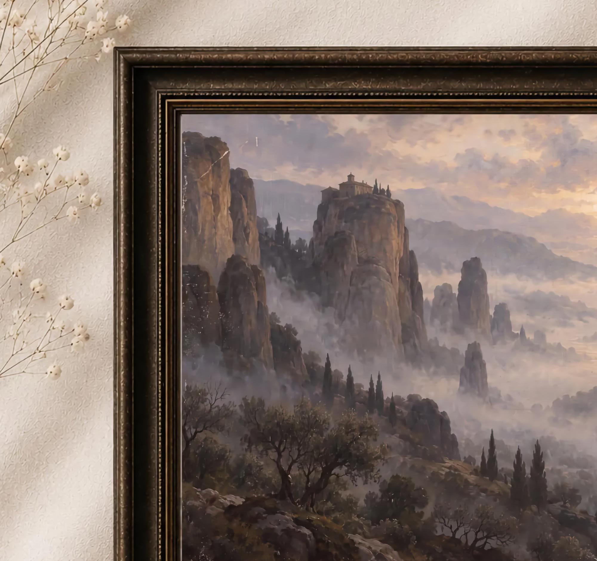 Vintage Misty Mountain Wall Art, Cliffside Monastery Landscape, Ethereal Valley, Rustic Mediterranean Digital Download — image 2