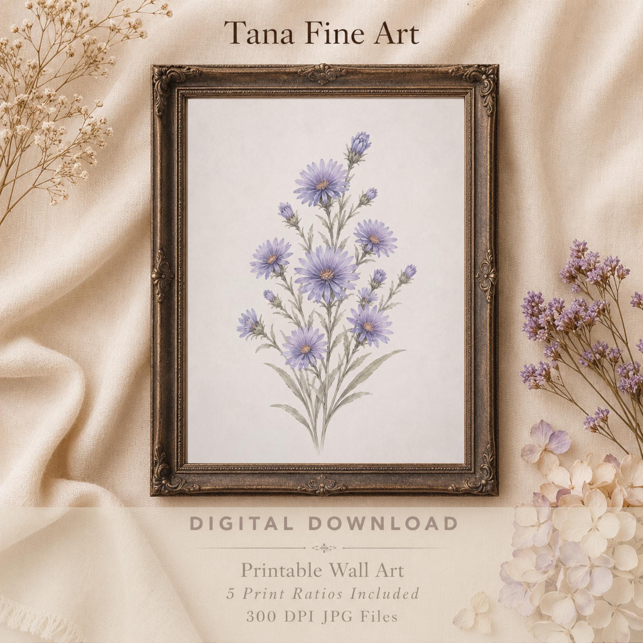 September Birth Flower Print | Aster Printable Wall Art | Purple Botanical Decor Gift Digital Download — image 8